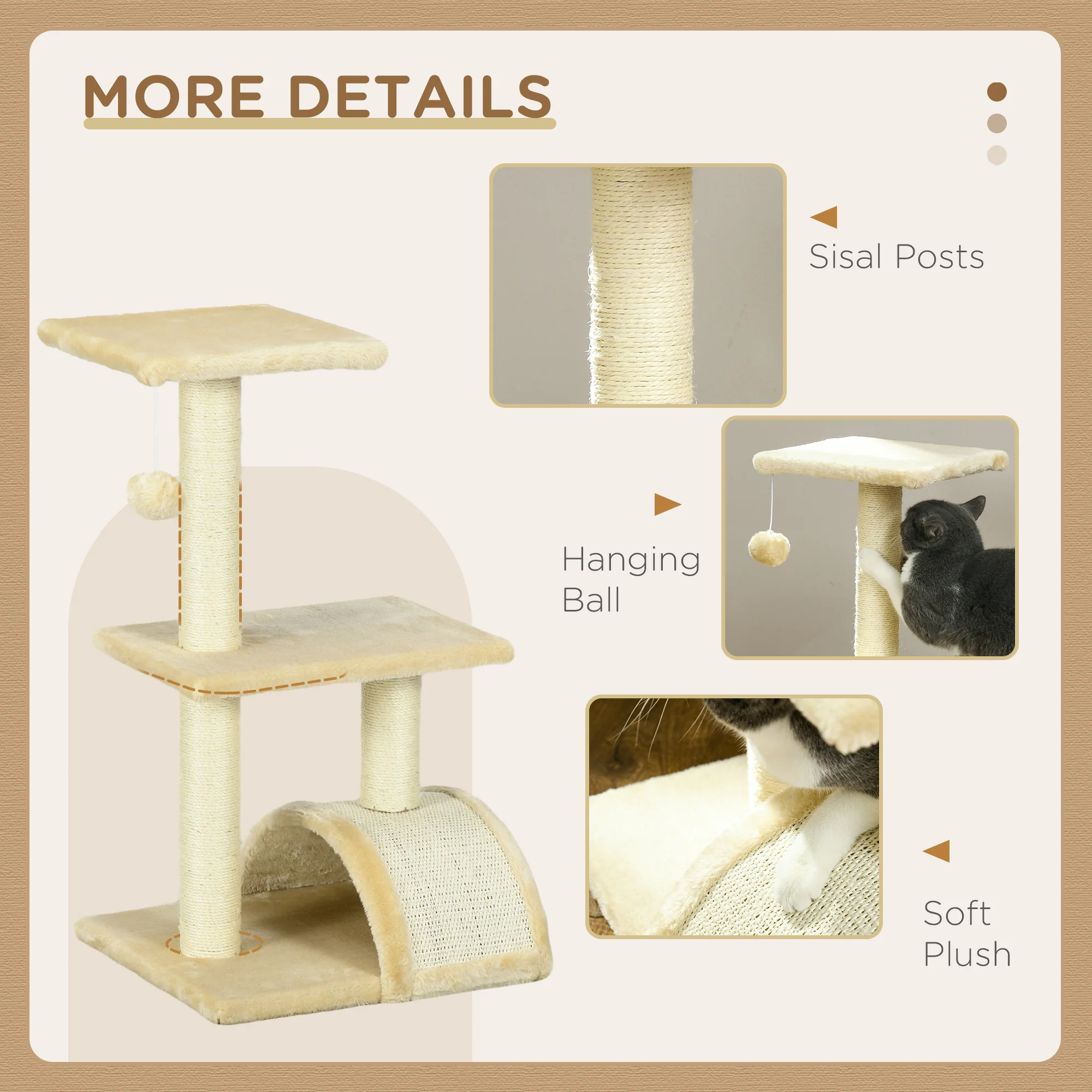 PawHut 72cm Cat Tree Climbing Tower With Sisal Scratching Post - Cream White - Image 4