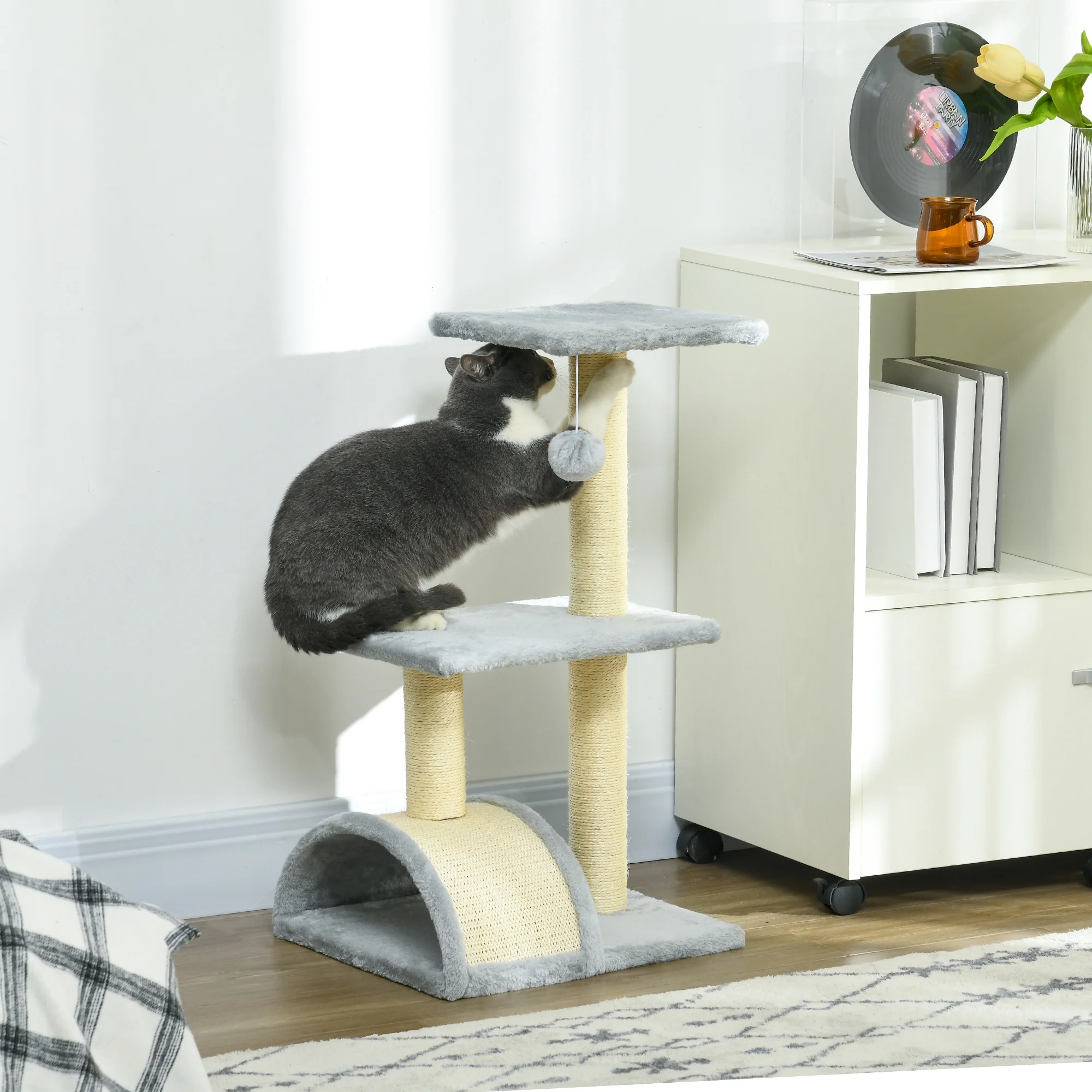 PawHut 72cm Cat Tree Climbing Tower With Sisal Scratching Post - Light Grey - Image 2