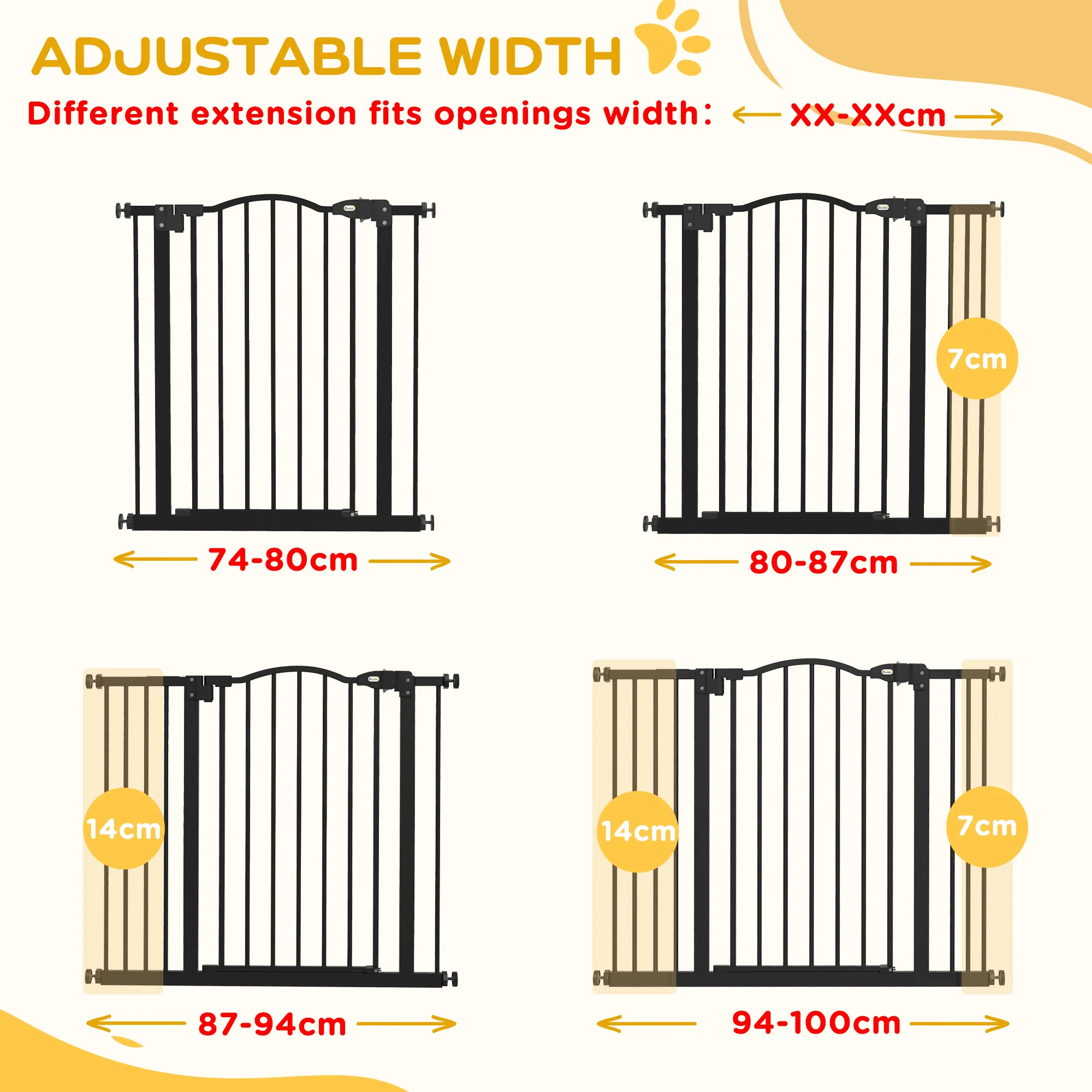PawHut 74-100cm Adjustable Metal Pet Gate Safety Barrier w/ Auto-Close Black - Image 7