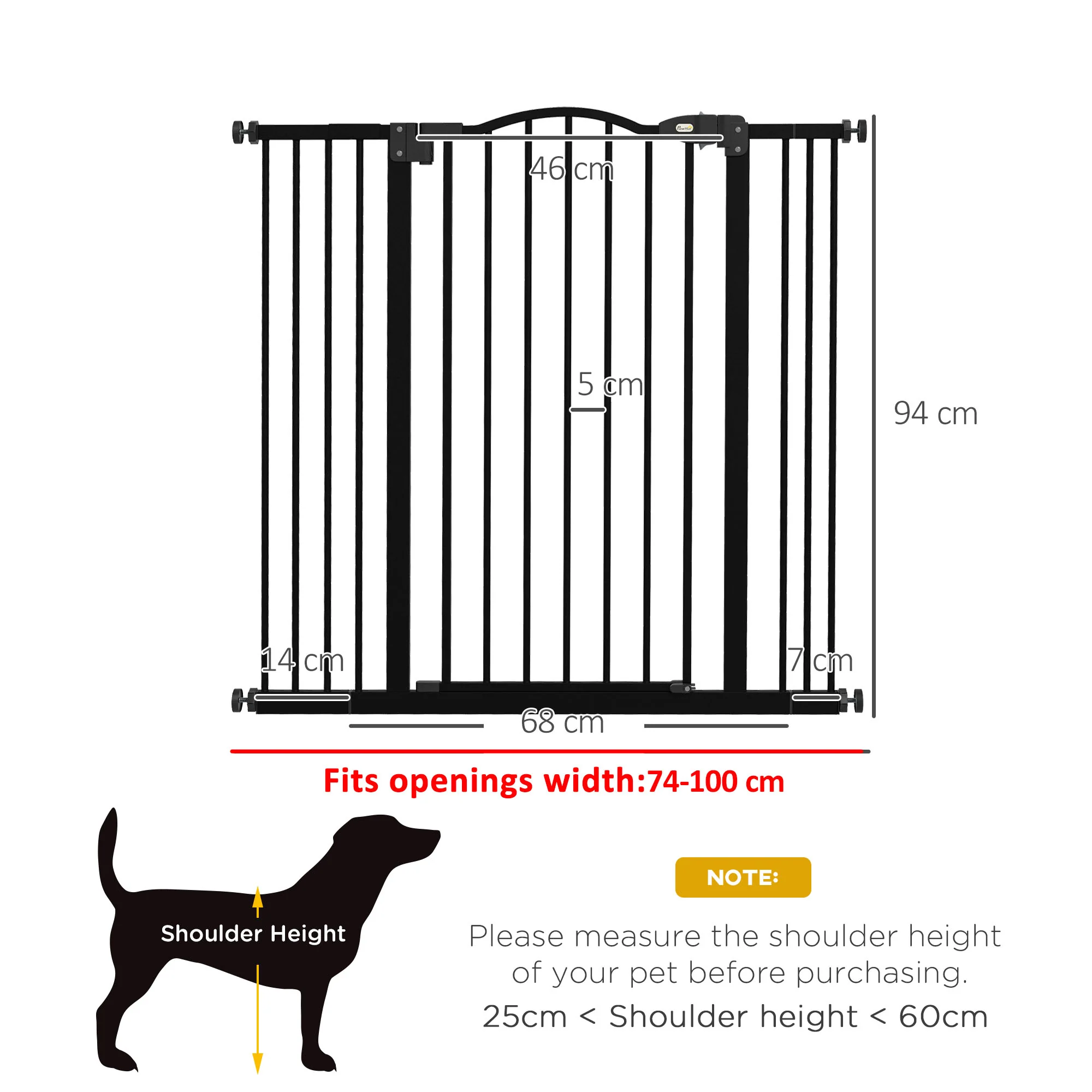 PawHut 74-100cm Adjustable Metal Pet Gate Safety Barrier w/Auto-Close Door Black - Image 5