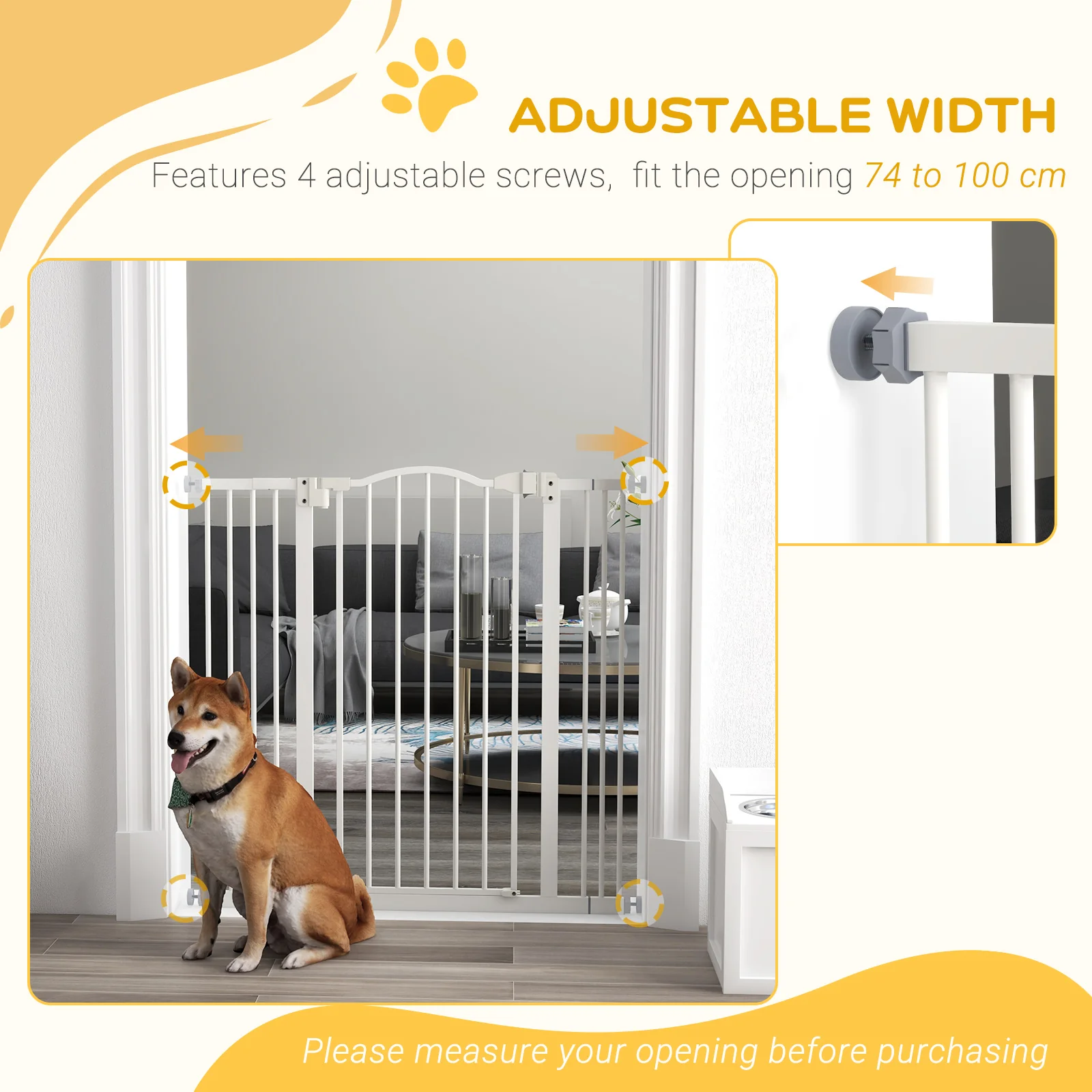 PawHut 74-100cm Adjustable Metal Pet Gate Safety Barrier w/Auto-Close Door White - Image 7