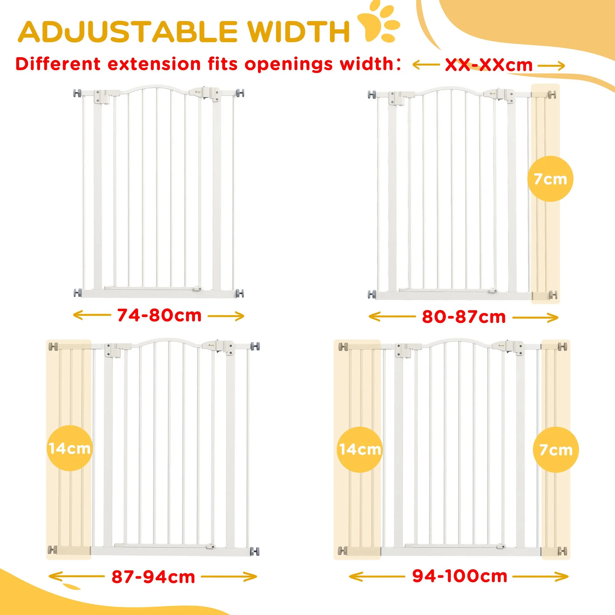 PawHut 74-100cm Adjustable Metal Pet Gate Safety Barrier w/Auto-Close Door White - Image 8
