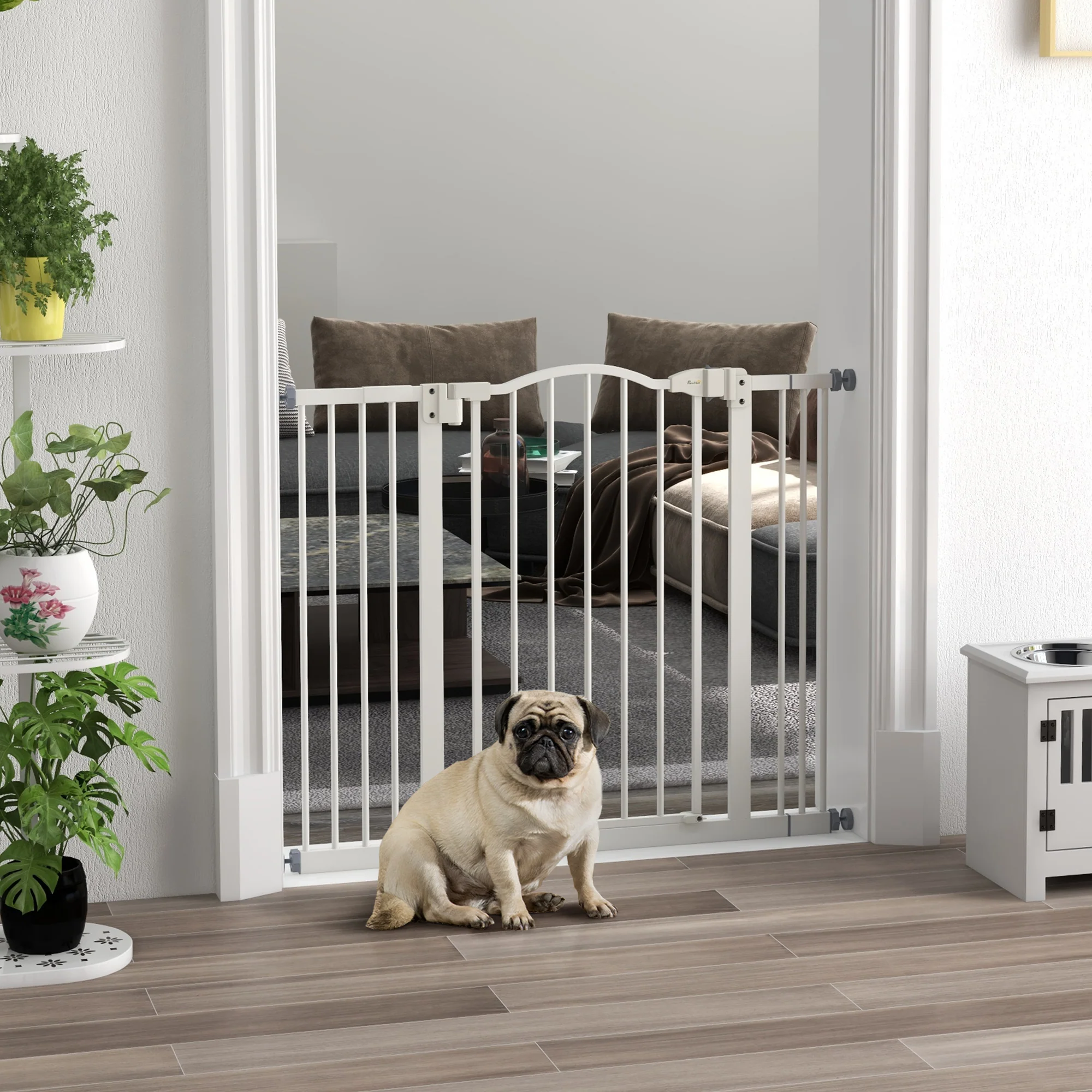 PawHut 74-100cm Adjustable Metal Pet Gate Safety Barrier w/ Auto-Close White - Image 2
