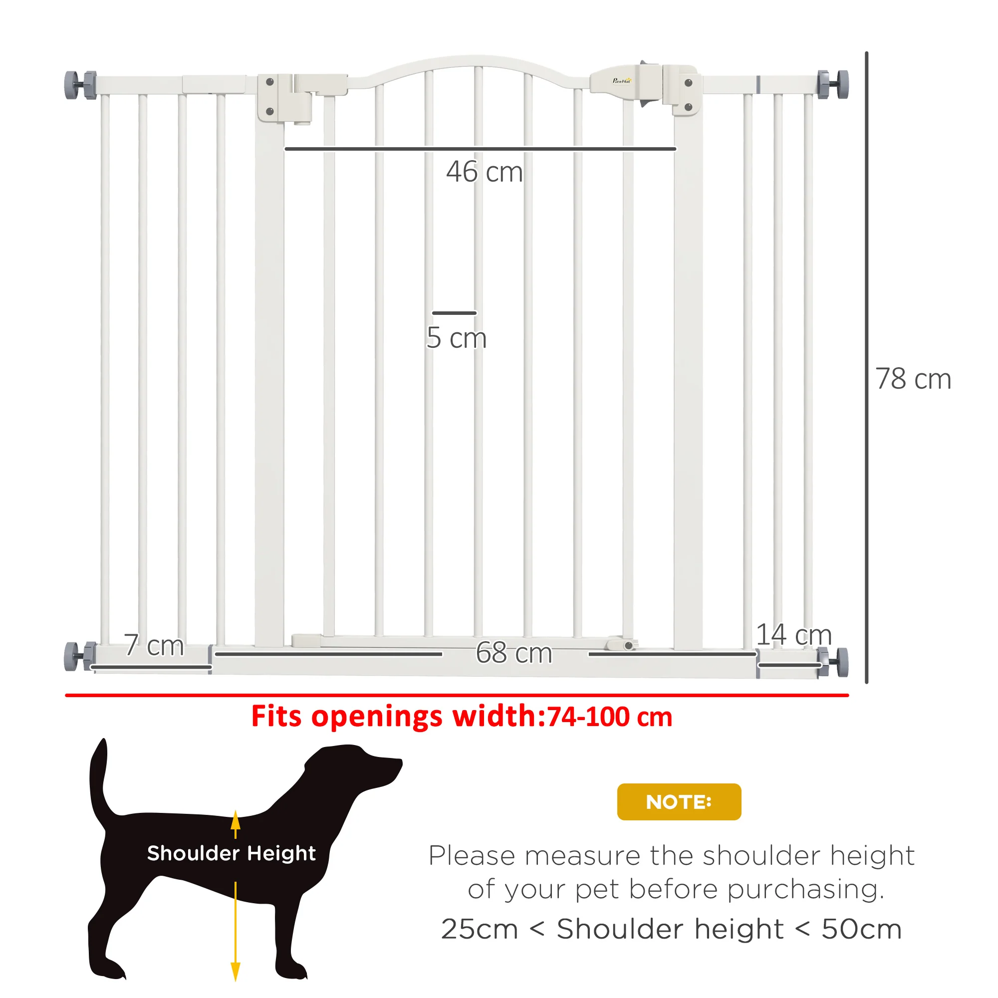 PawHut 74-100cm Adjustable Metal Pet Gate Safety Barrier w/ Auto-Close White - Image 5