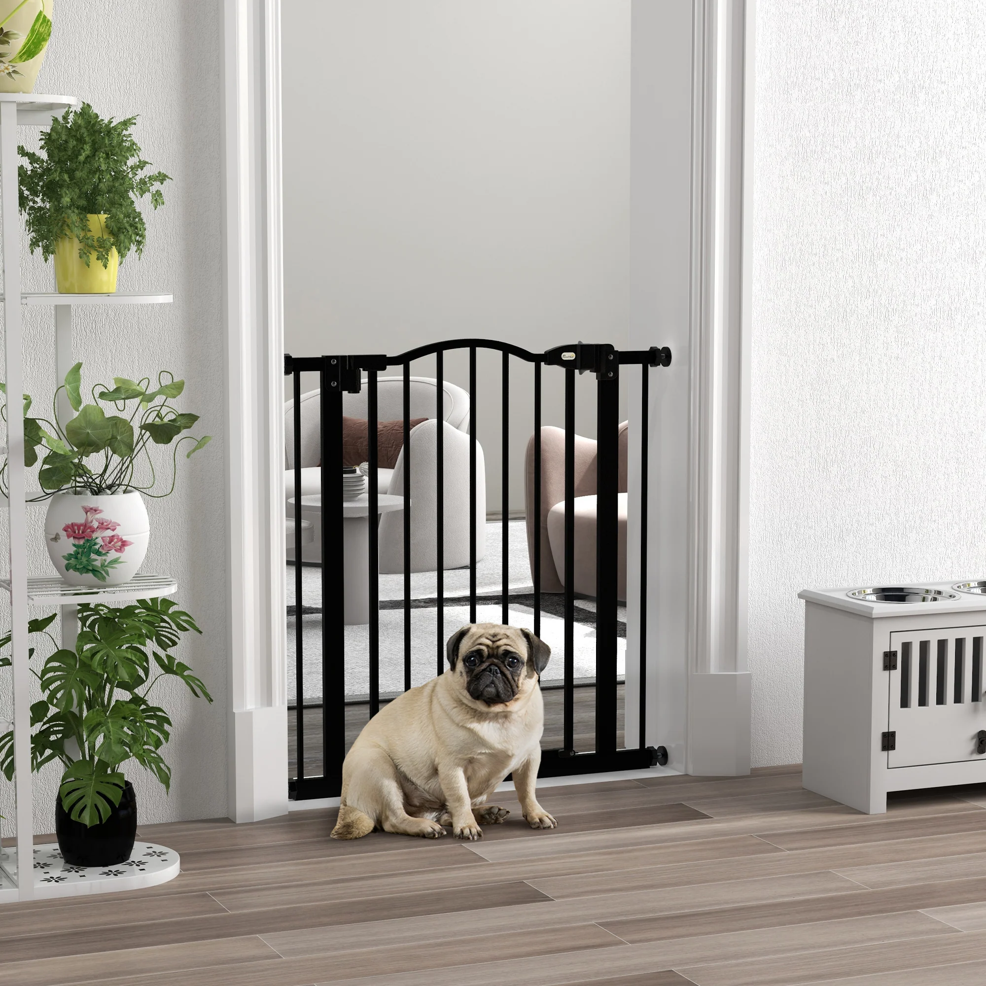 PawHut 74-80cm Adjustable Metal Pet Gate Safety Barrier w/ Auto-Close Black - Image 2