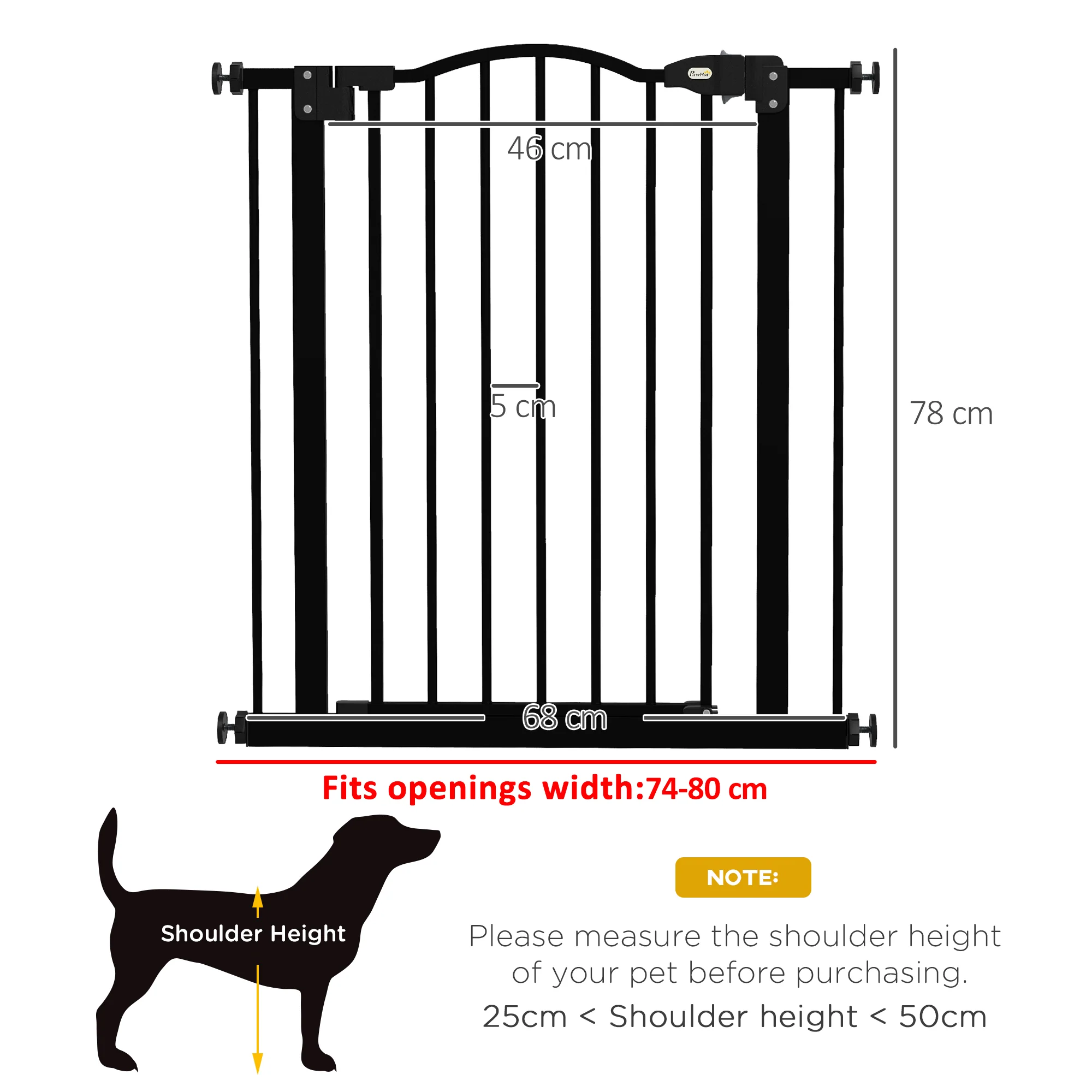 PawHut 74-80cm Adjustable Metal Pet Gate Safety Barrier w/ Auto-Close Black - Image 5