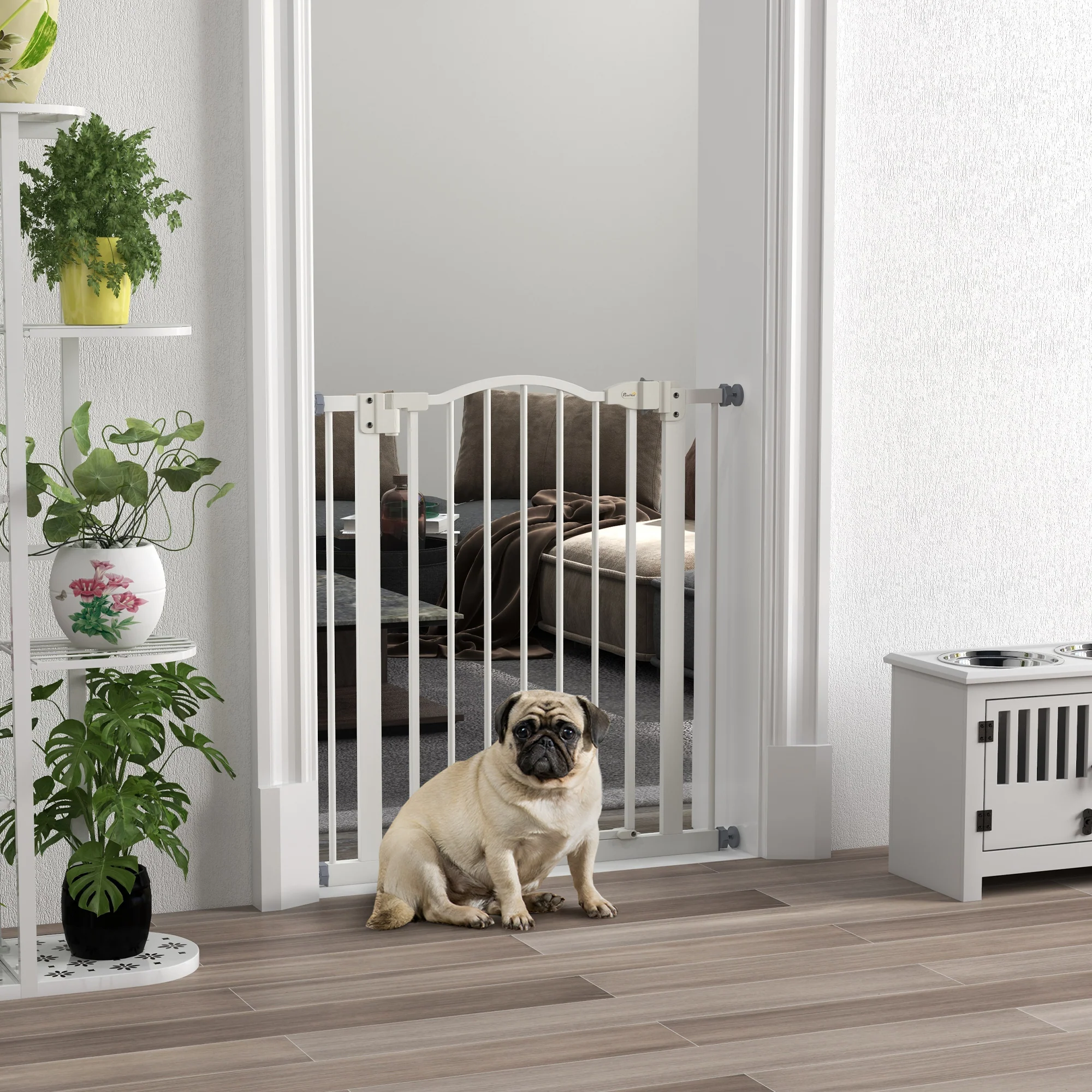 PawHut 74-80cm Adjustable Metal Pet Gate Safety Barrier w/ Auto-Close White - Image 2
