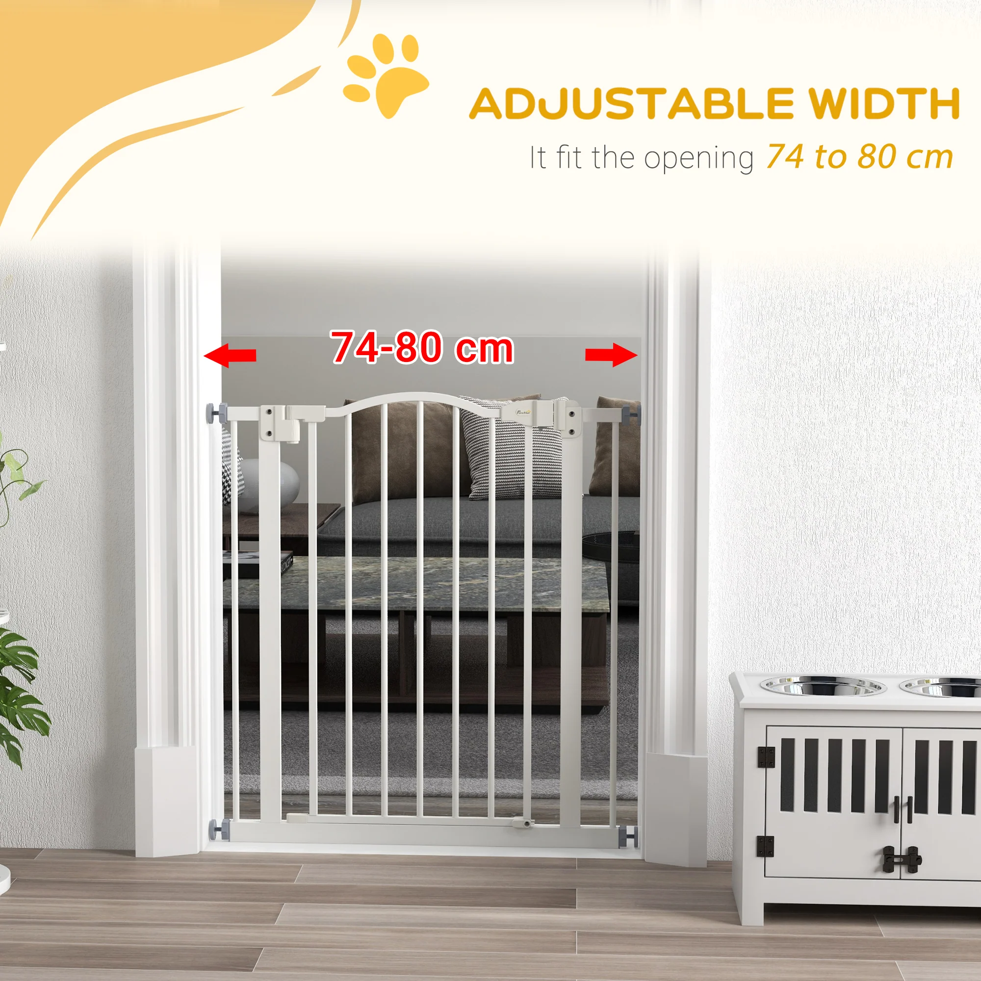 PawHut 74-80cm Adjustable Metal Pet Gate Safety Barrier w/ Auto-Close White - Image 7