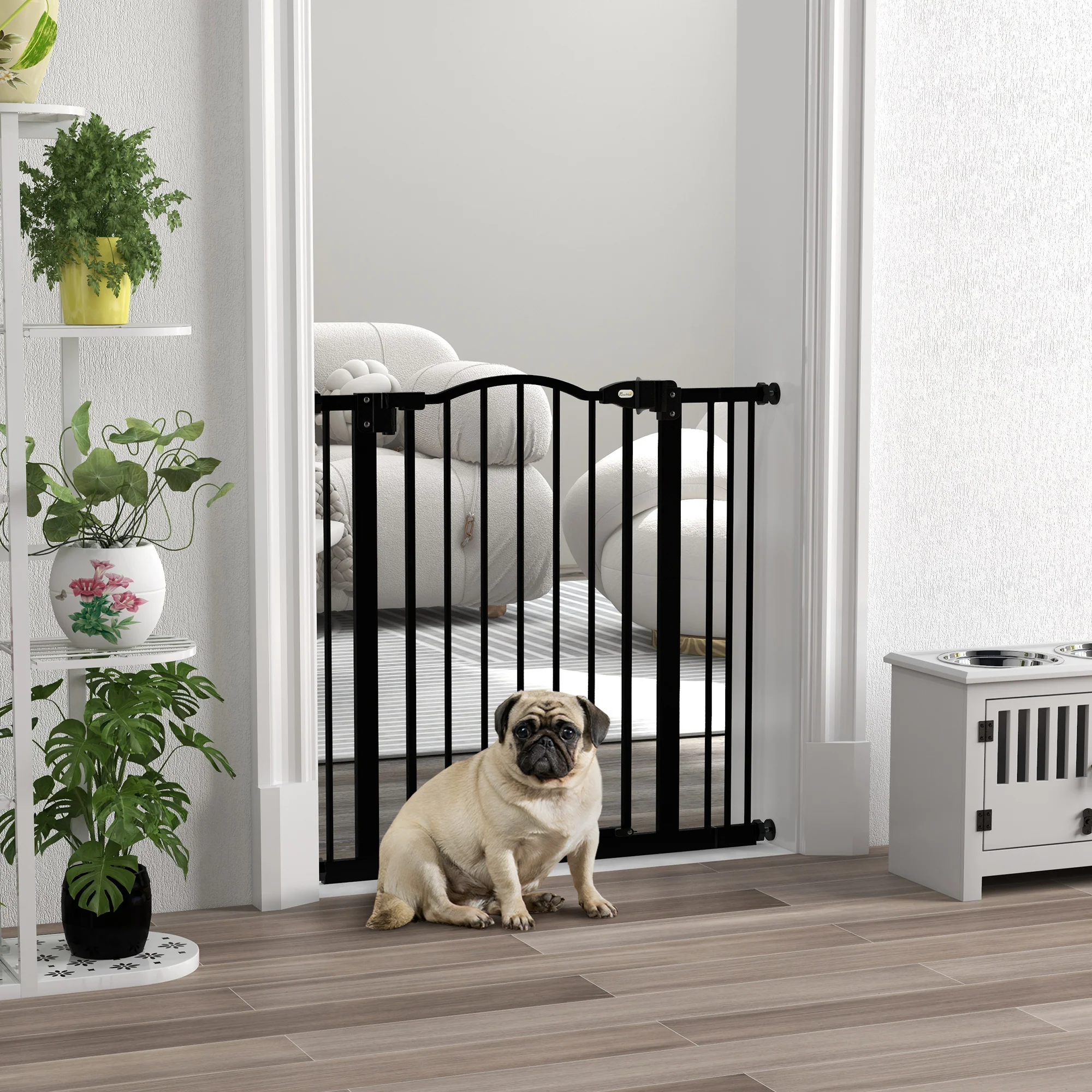 PawHut 74-87cm Adjustable Metal Pet Gate Safety Barrier w/ Auto-Close Black - Image 2