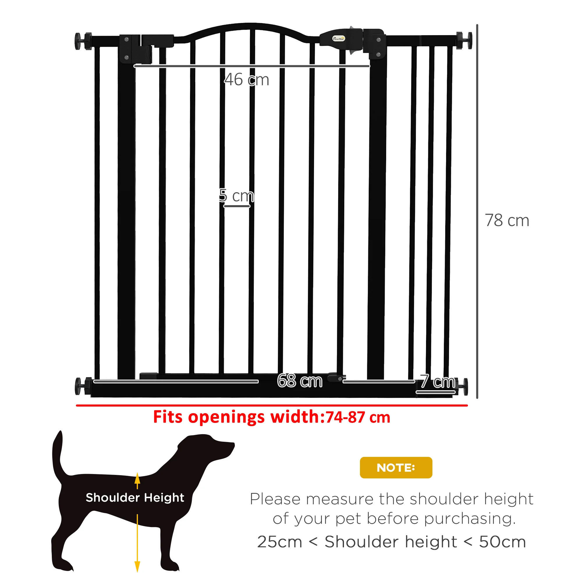PawHut 74-87cm Adjustable Metal Pet Gate Safety Barrier w/ Auto-Close Black - Image 5