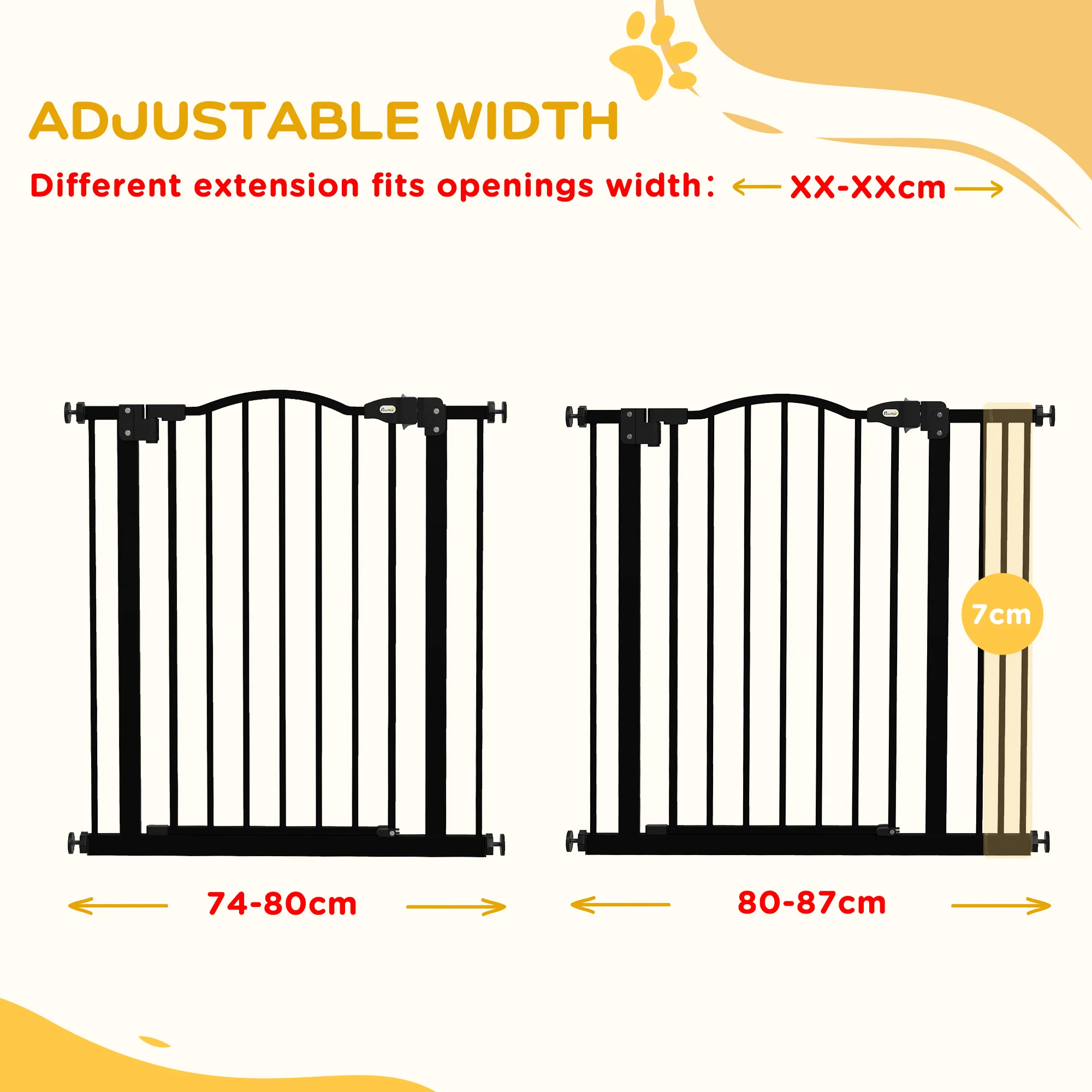 PawHut 74-87cm Adjustable Metal Pet Gate Safety Barrier w/ Auto-Close Black - Image 7