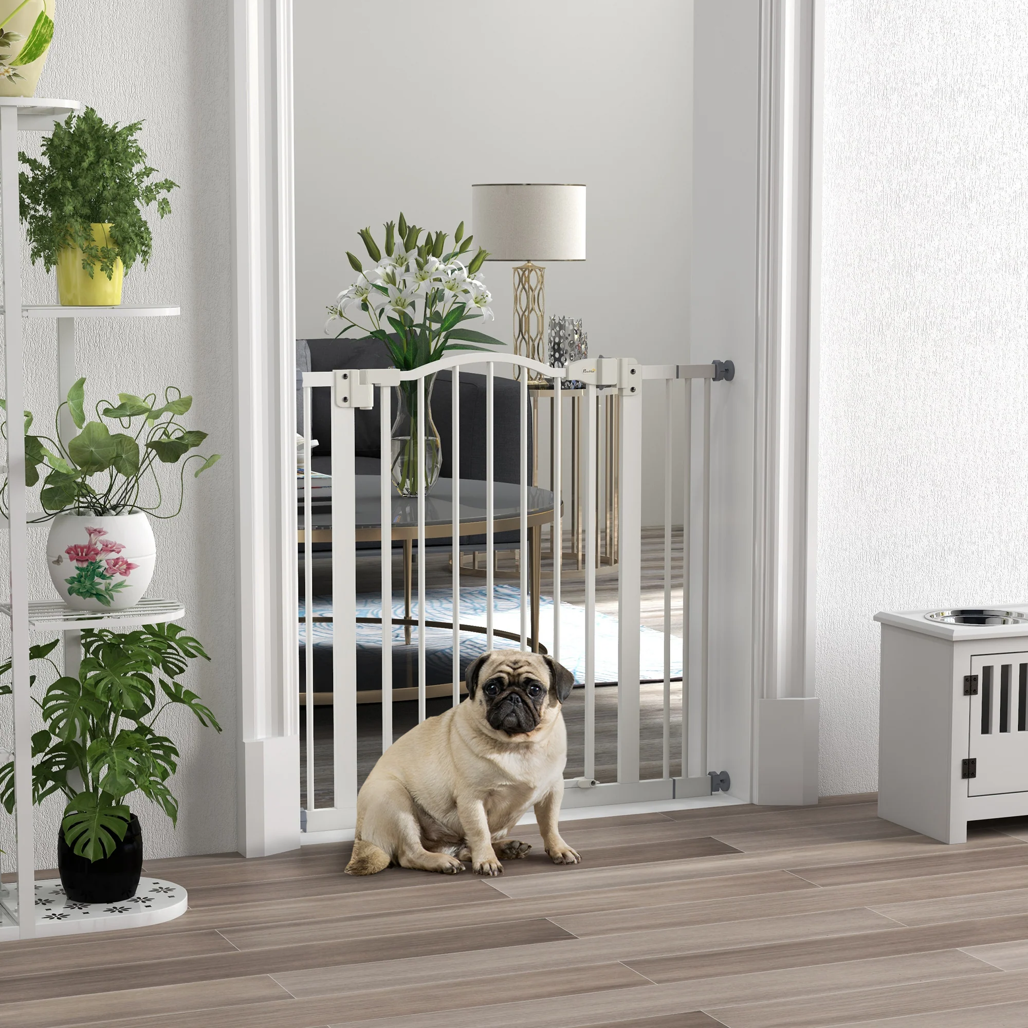 PawHut 74-87cm Adjustable Metal Pet Gate Safety Barrier w/ Auto-Close White - Image 2