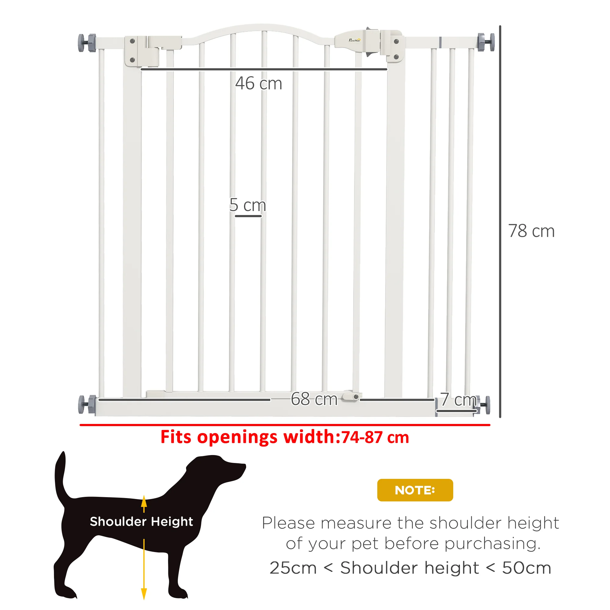 PawHut 74-87cm Adjustable Metal Pet Gate Safety Barrier w/ Auto-Close White - Image 5