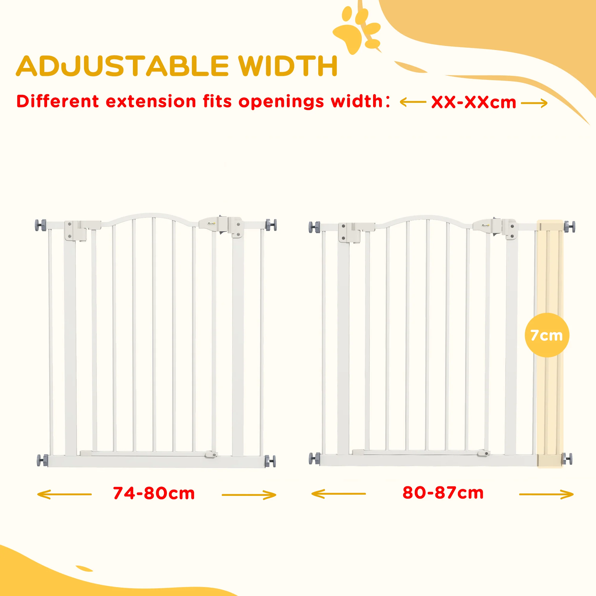 PawHut 74-87cm Adjustable Metal Pet Gate Safety Barrier w/ Auto-Close White - Image 7