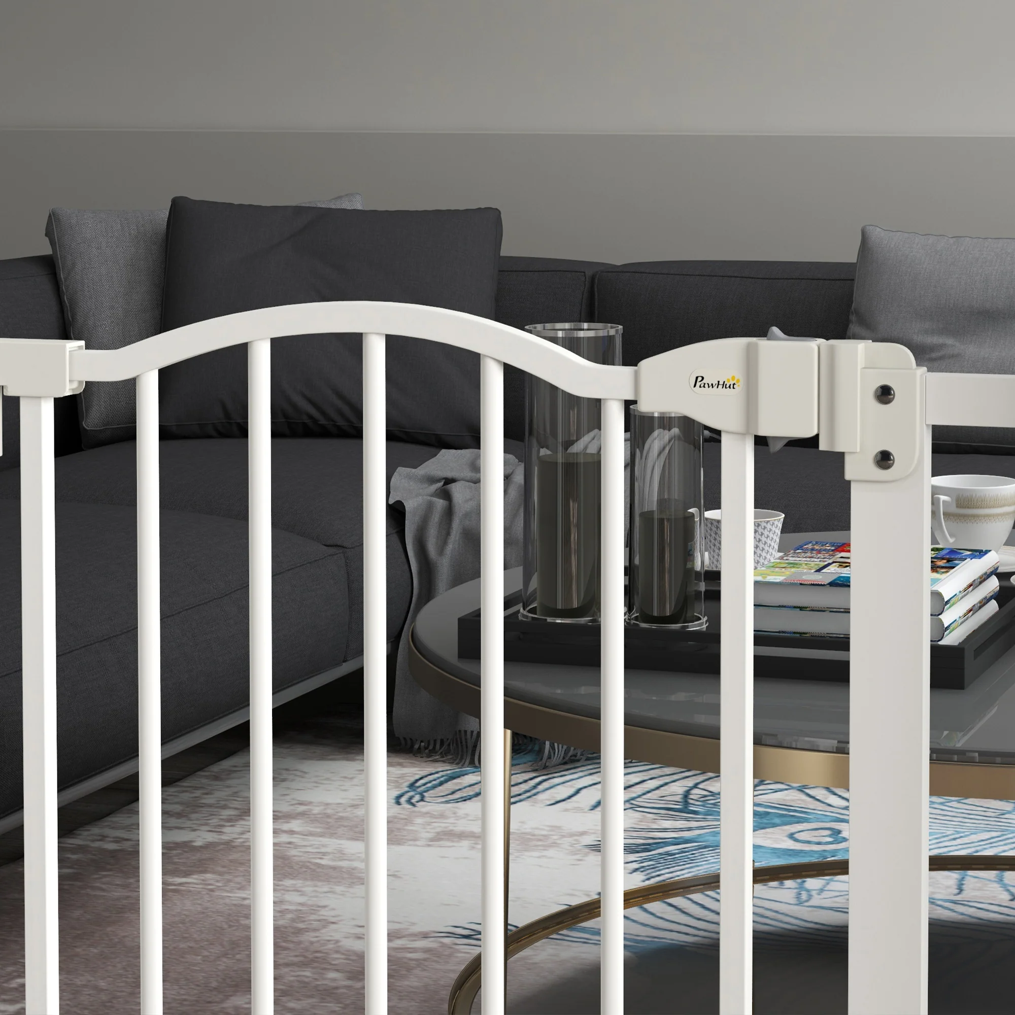 PawHut 74-87cm Adjustable Metal Pet Gate Safety Barrier w/ Auto-Close White - Image 8
