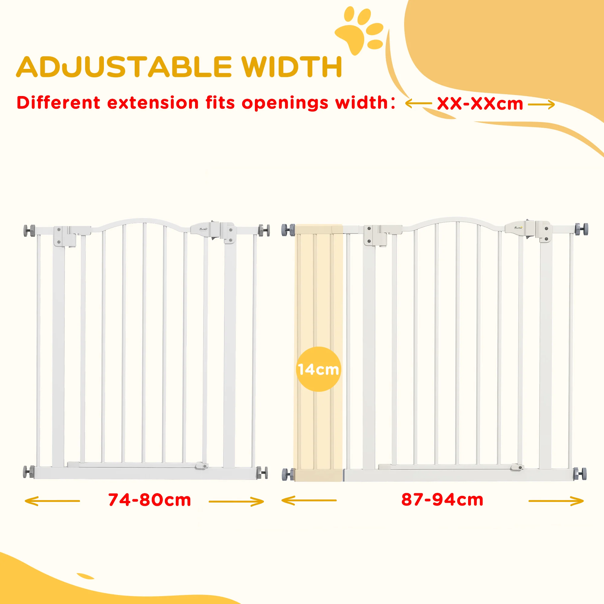PawHut 74-94cm Adjustable Metal Pet Gate Safety Barrier w/ Auto-Close White - Image 7