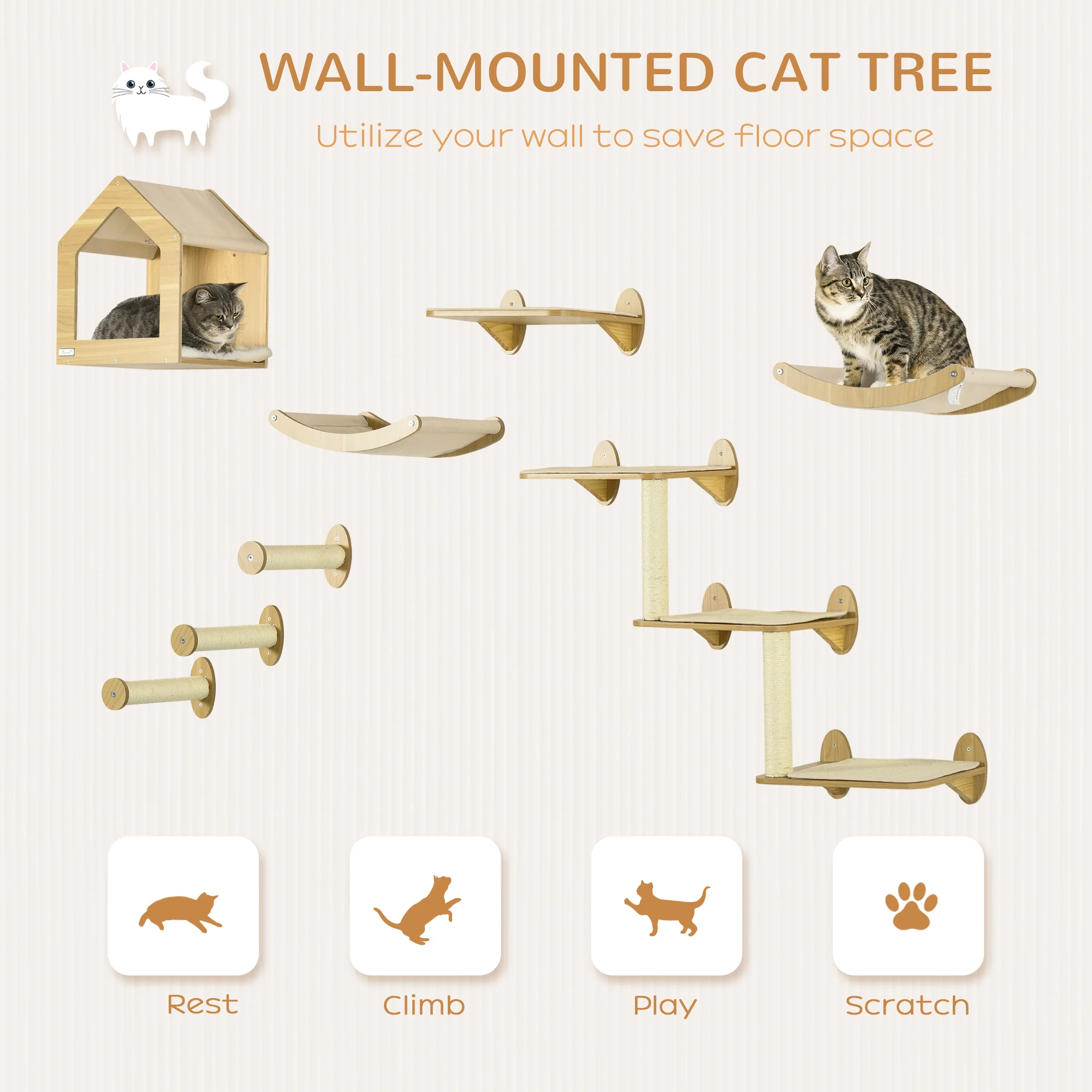 PawHut 8 Piece Cat Shelves Set with Cat House, 3 Perches - Image 3