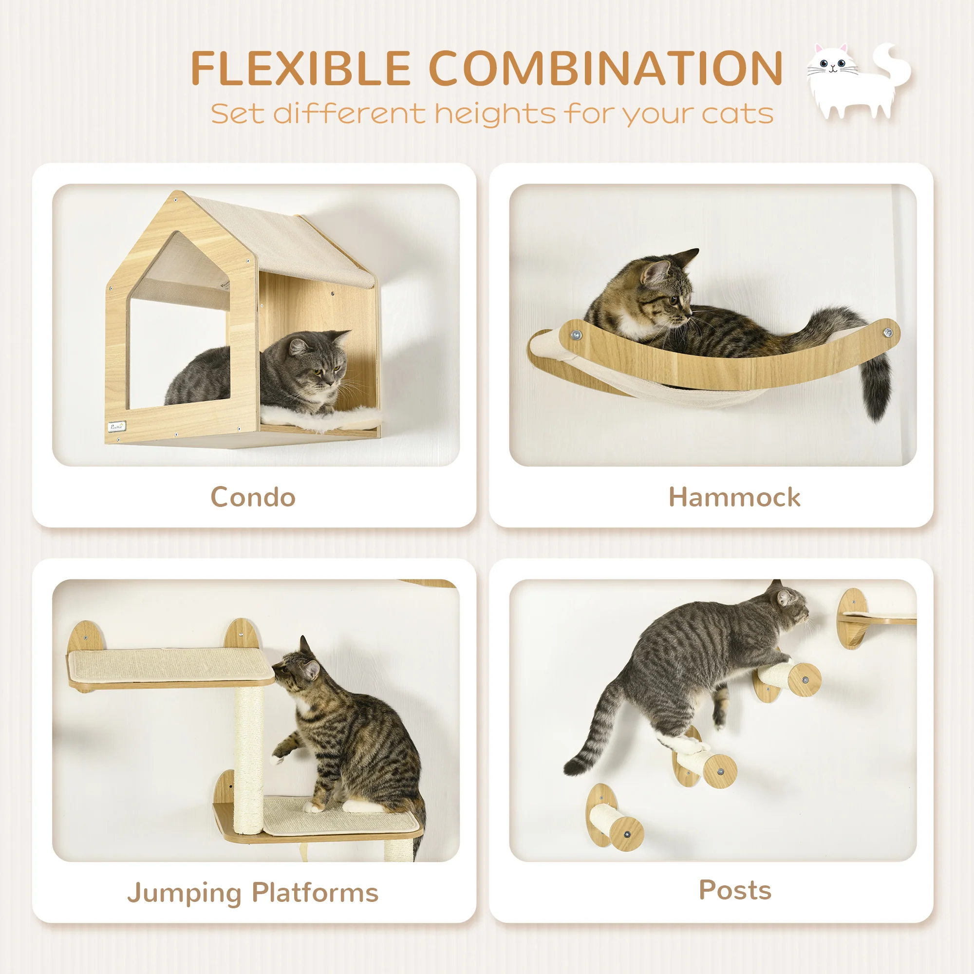 PawHut 8 Piece Cat Shelves Set with Cat House, 3 Perches - Image 4