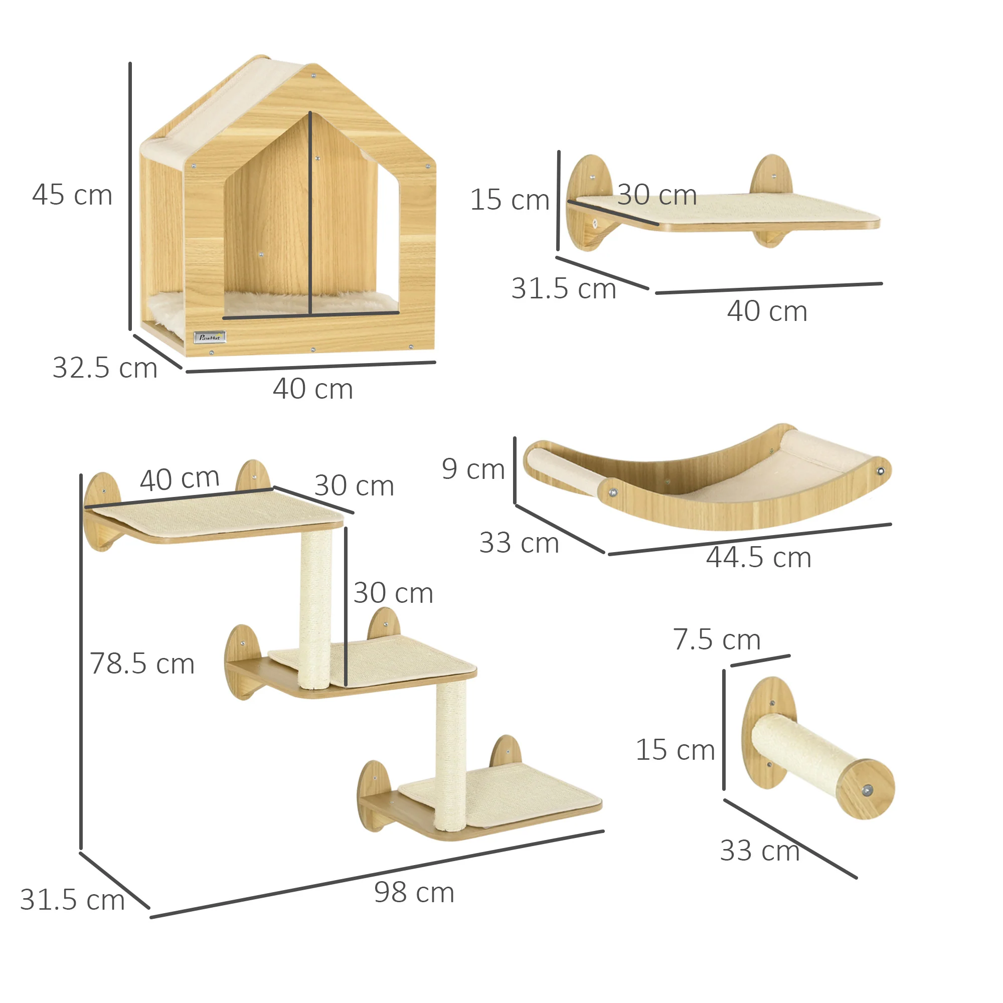 PawHut 8 Piece Cat Shelves Set with Cat House, 3 Perches - Image 5