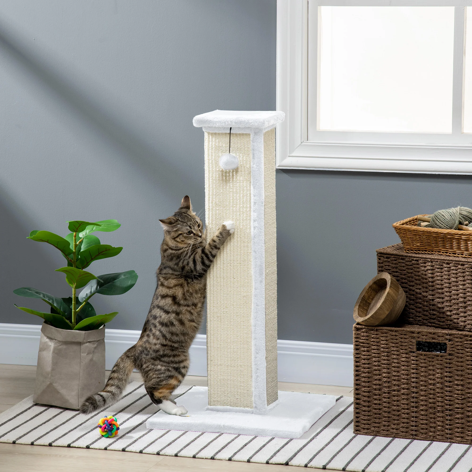 PawHut 81cm Cat Scratching Post w/ Sisal Rope, Hanging Ball Soft Plush - Image 11