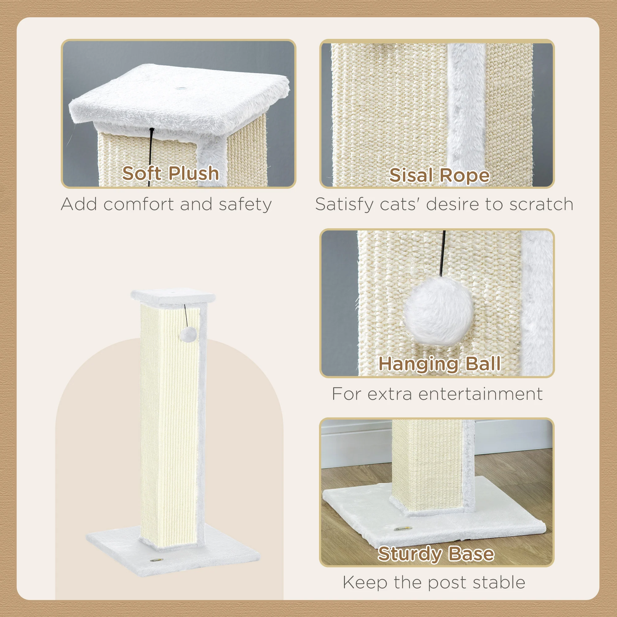 PawHut 81cm Cat Scratching Post w/ Sisal Rope, Hanging Ball Soft Plush - Image 13