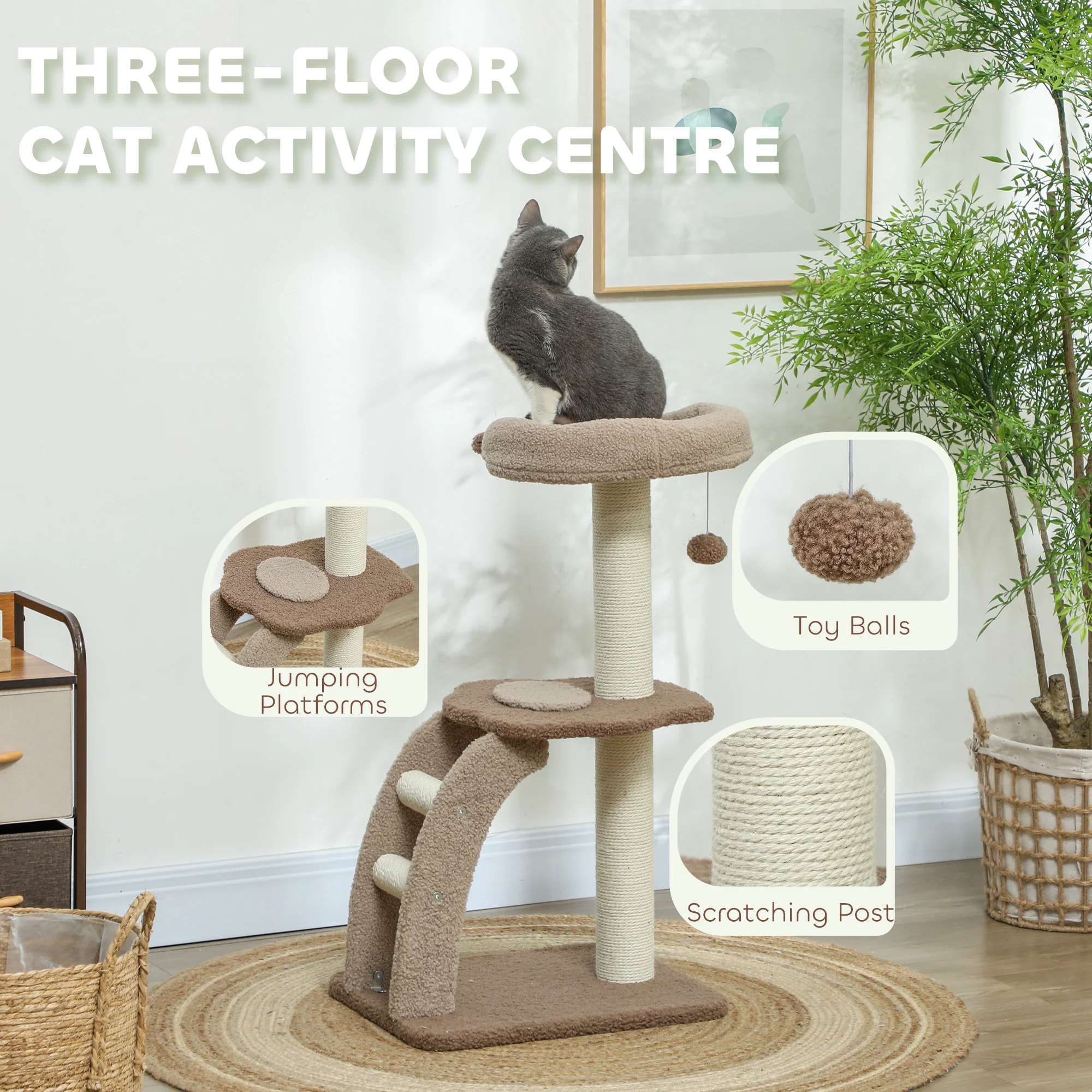 PawHut 88cm Cat Tee For Indoor Cats, Cat Tower With Scratching Post, Brown - Image 3