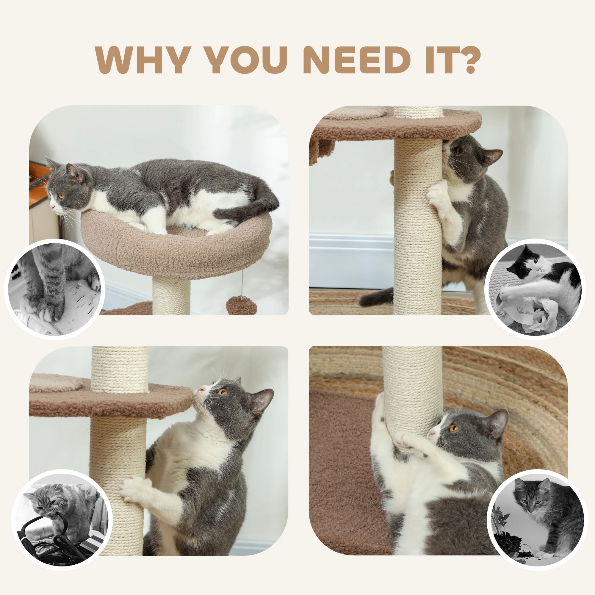 PawHut 88cm Cat Tee For Indoor Cats, Cat Tower With Scratching Post, Brown - Image 6