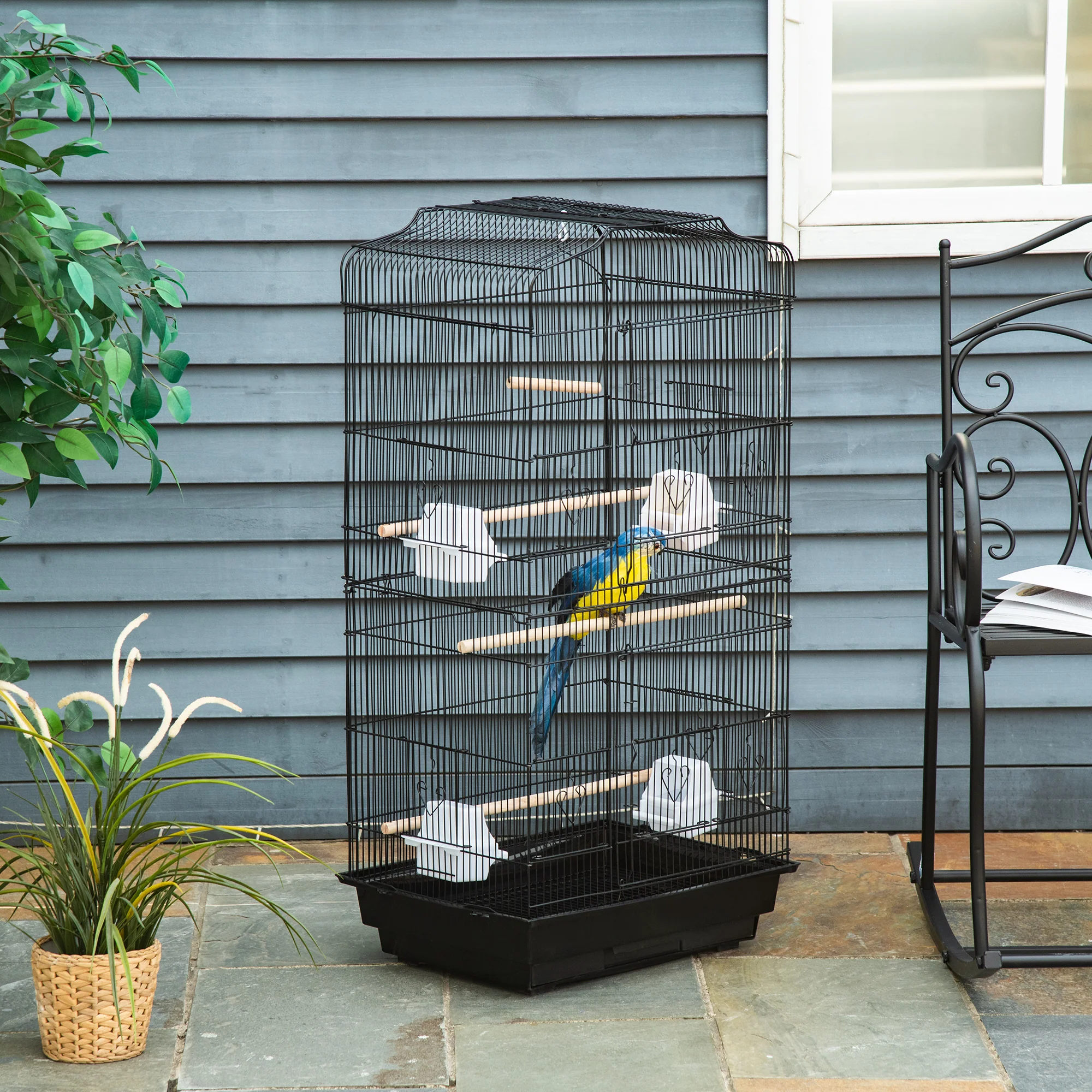 PawHut 92cm Large Bird Cage With Stand, Perches, Food Bowls, Swing, Black - Image 2