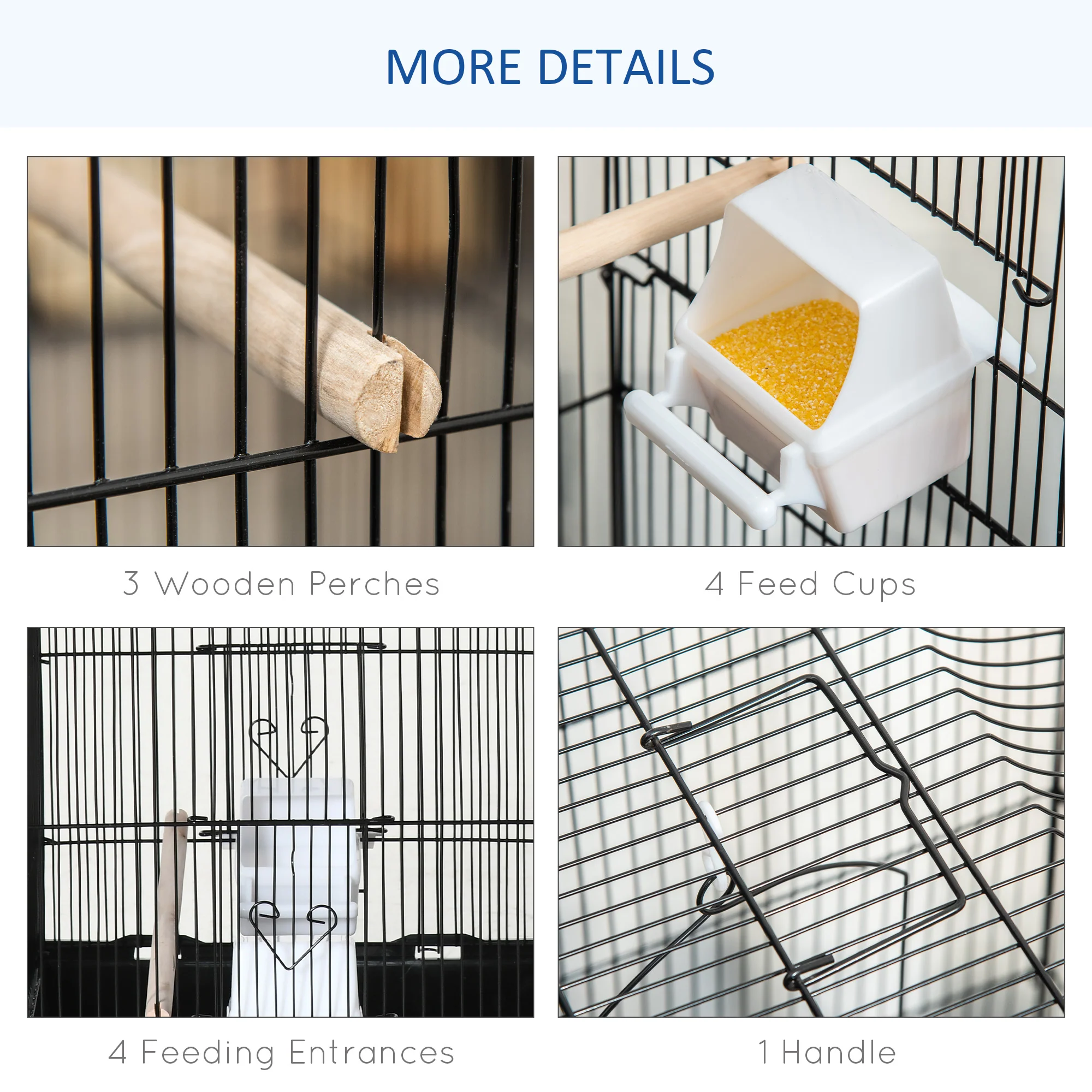 PawHut 92cm Large Bird Cage With Stand, Perches, Food Bowls, Swing, Black - Image 3