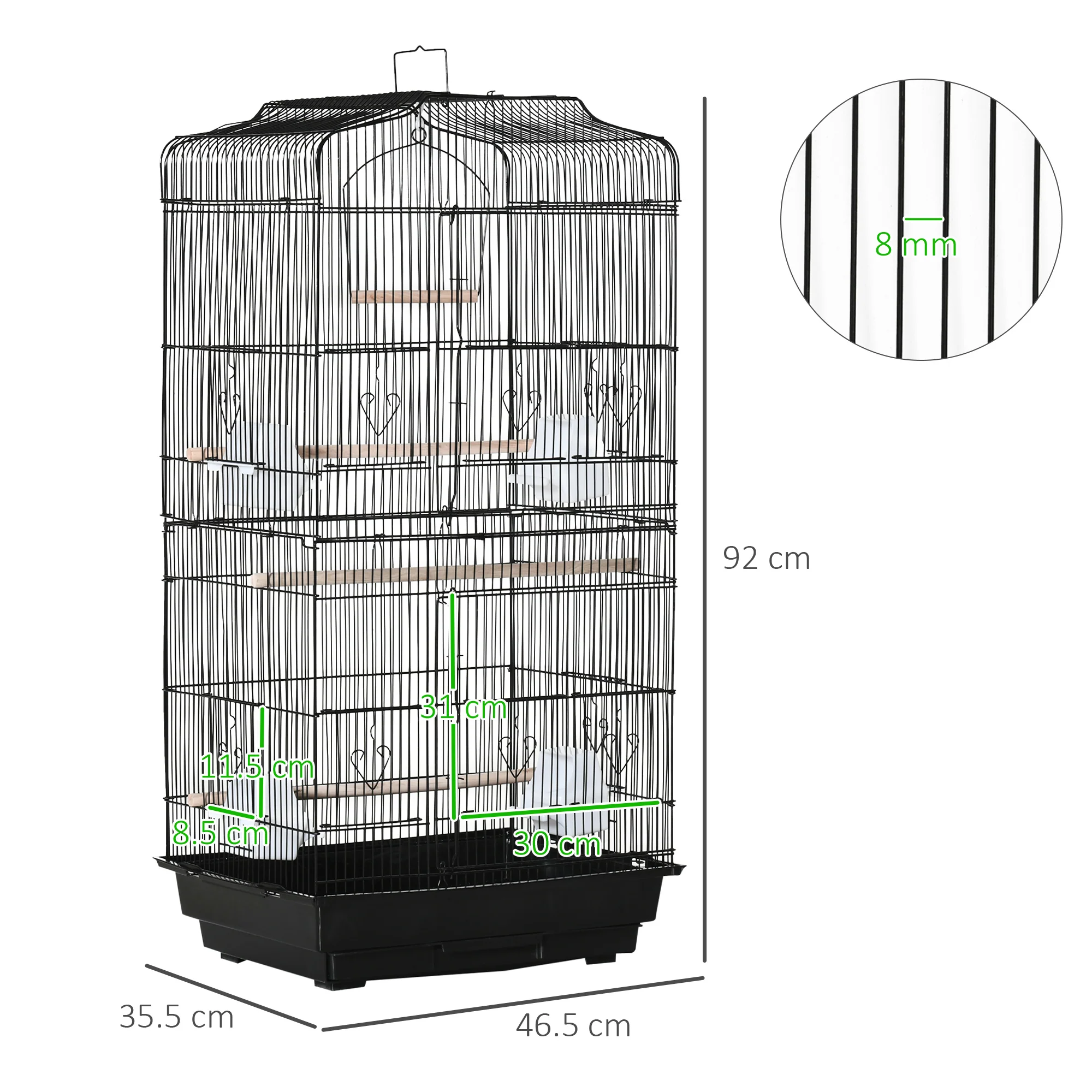 PawHut 92cm Large Bird Cage With Stand, Perches, Food Bowls, Swing, Black - Image 5