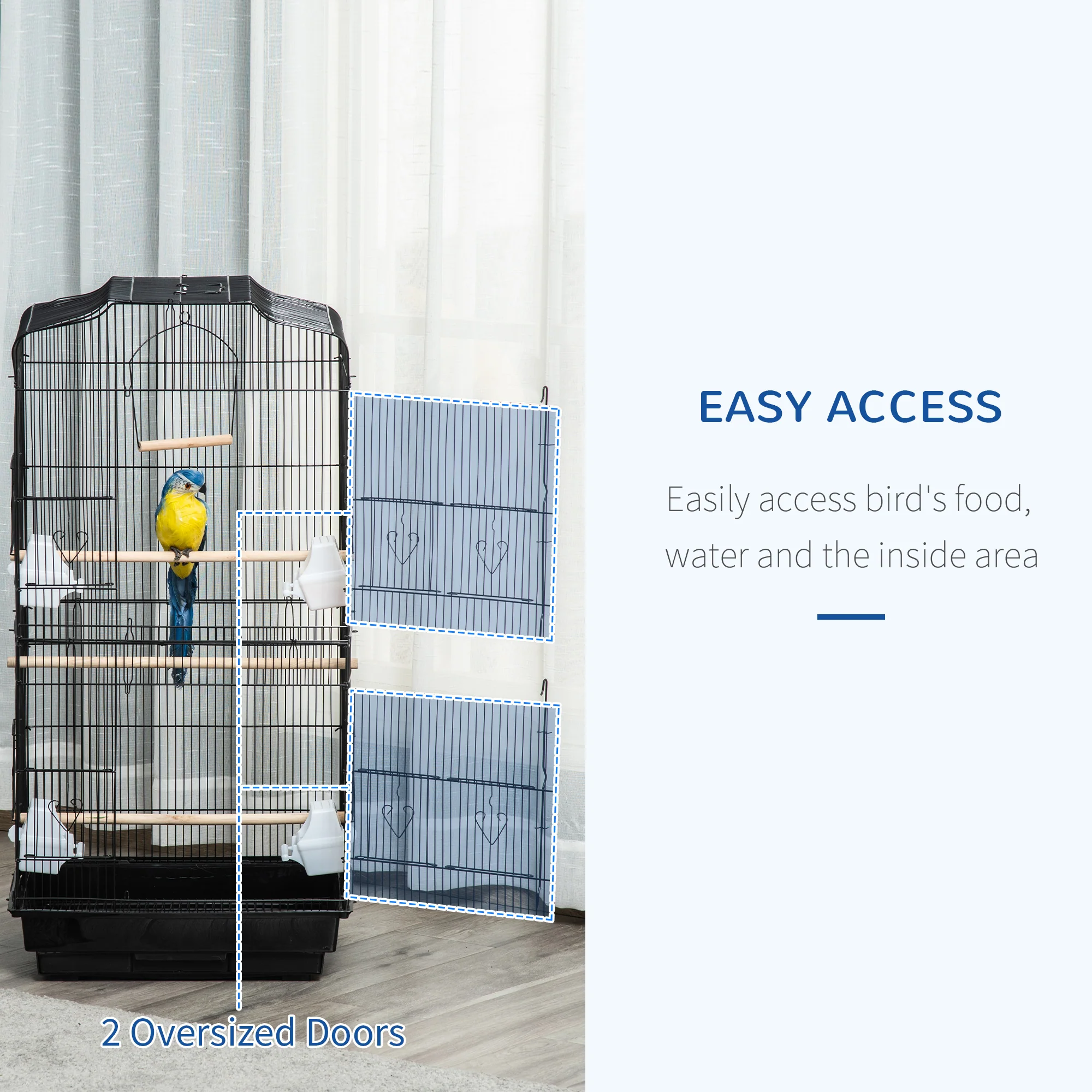 PawHut 92cm Large Bird Cage With Stand, Perches, Food Bowls, Swing, Black - Image 6