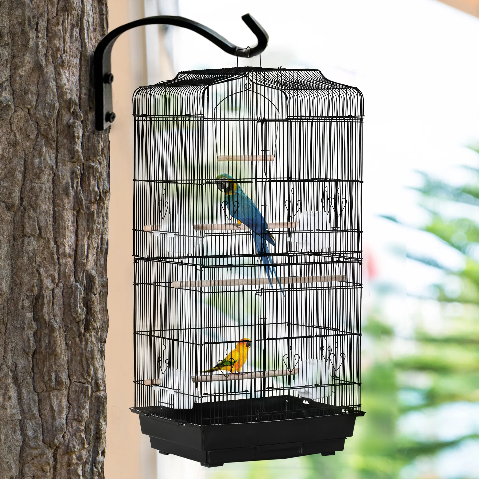 PawHut 92cm Large Bird Cage With Stand, Perches, Food Bowls, Swing, Black - Image 8