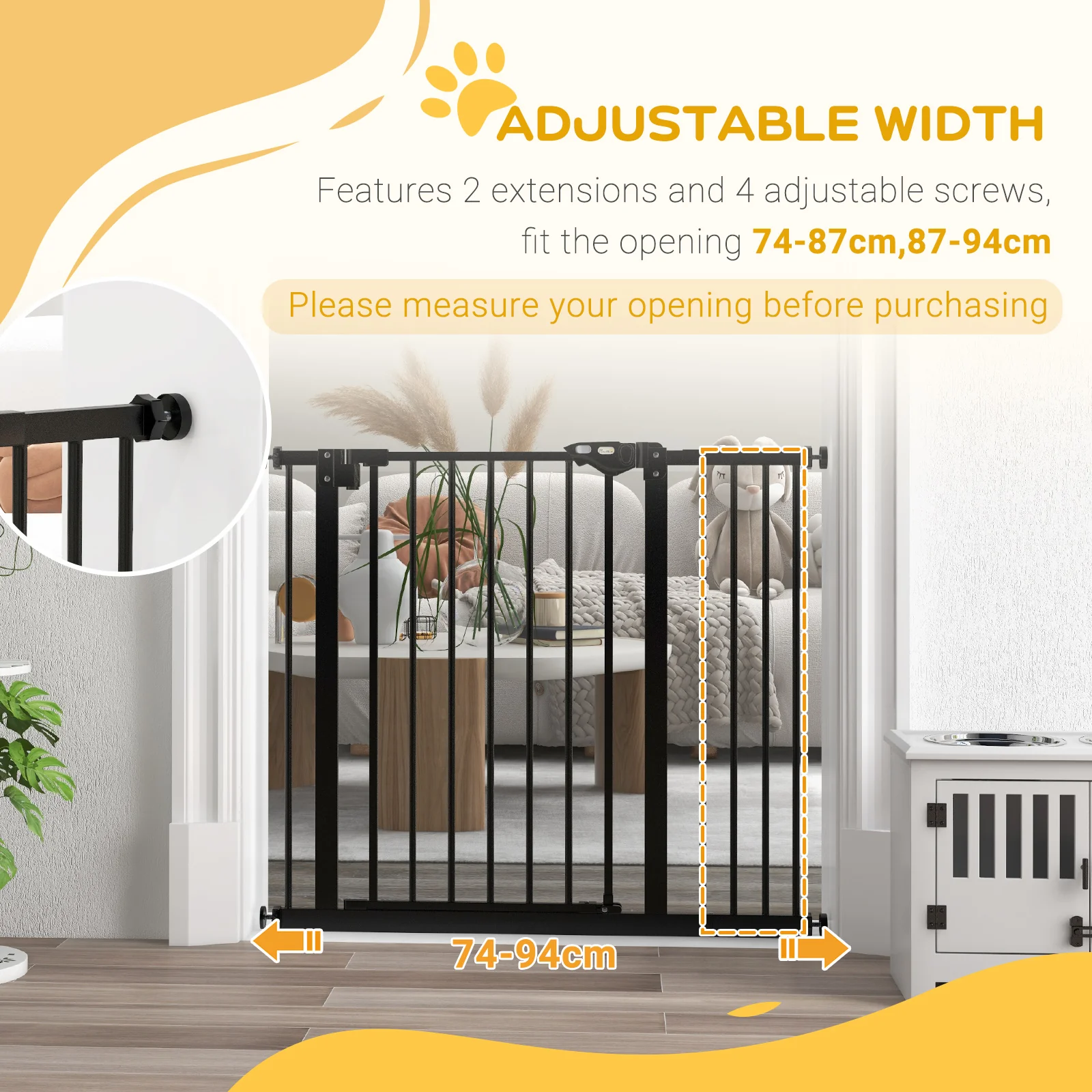 PawHut Adjustable Safety Gate w/ 1 Extensions and Four Adjustable Screws, Black - Image 7