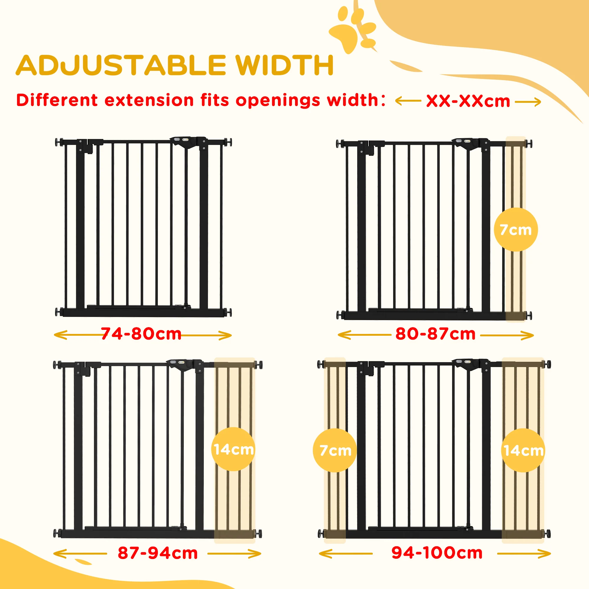 PawHut Adjustable Safety Gate w/ 2 Extensions and Four Adjustable Screws, Black - Image 7
