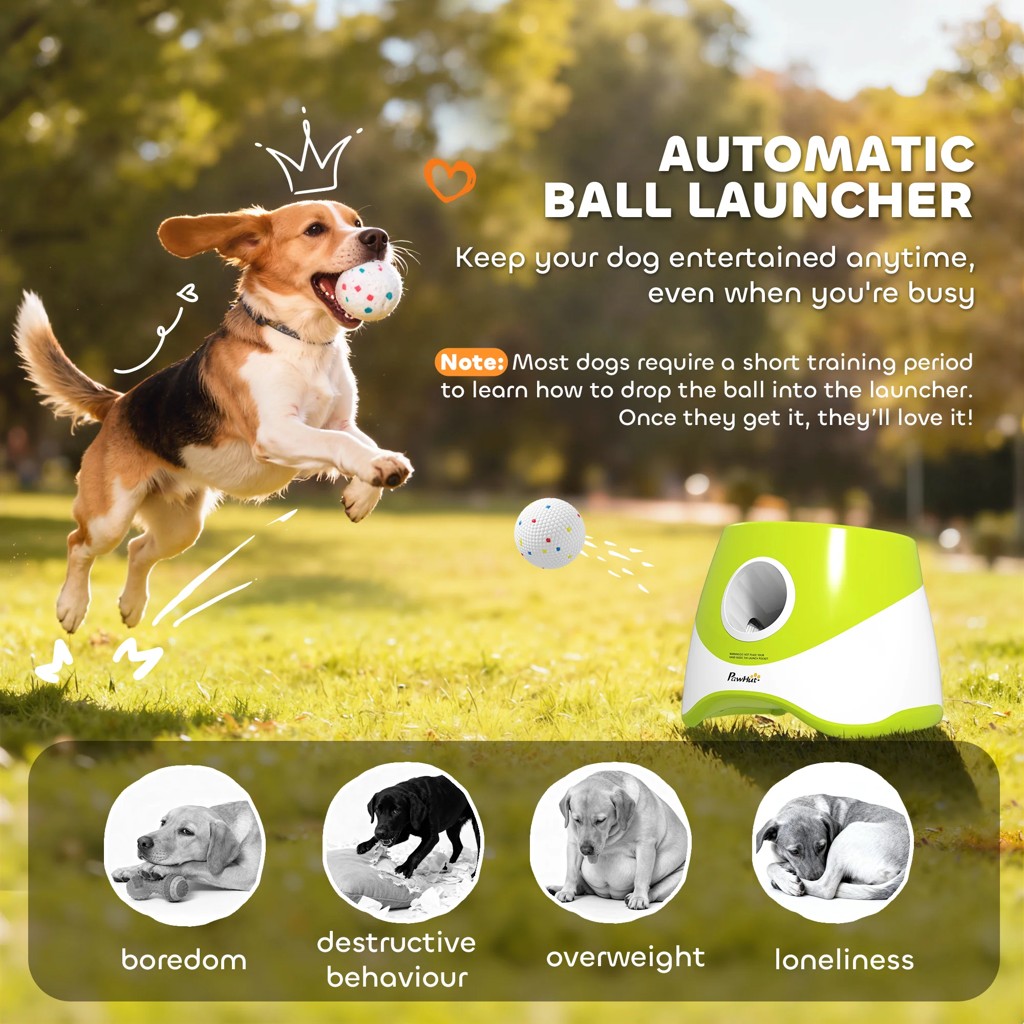 PawHut Automatic Dog Ball Launcher with 5 ETPU Tennis Balls, Green - Image 3
