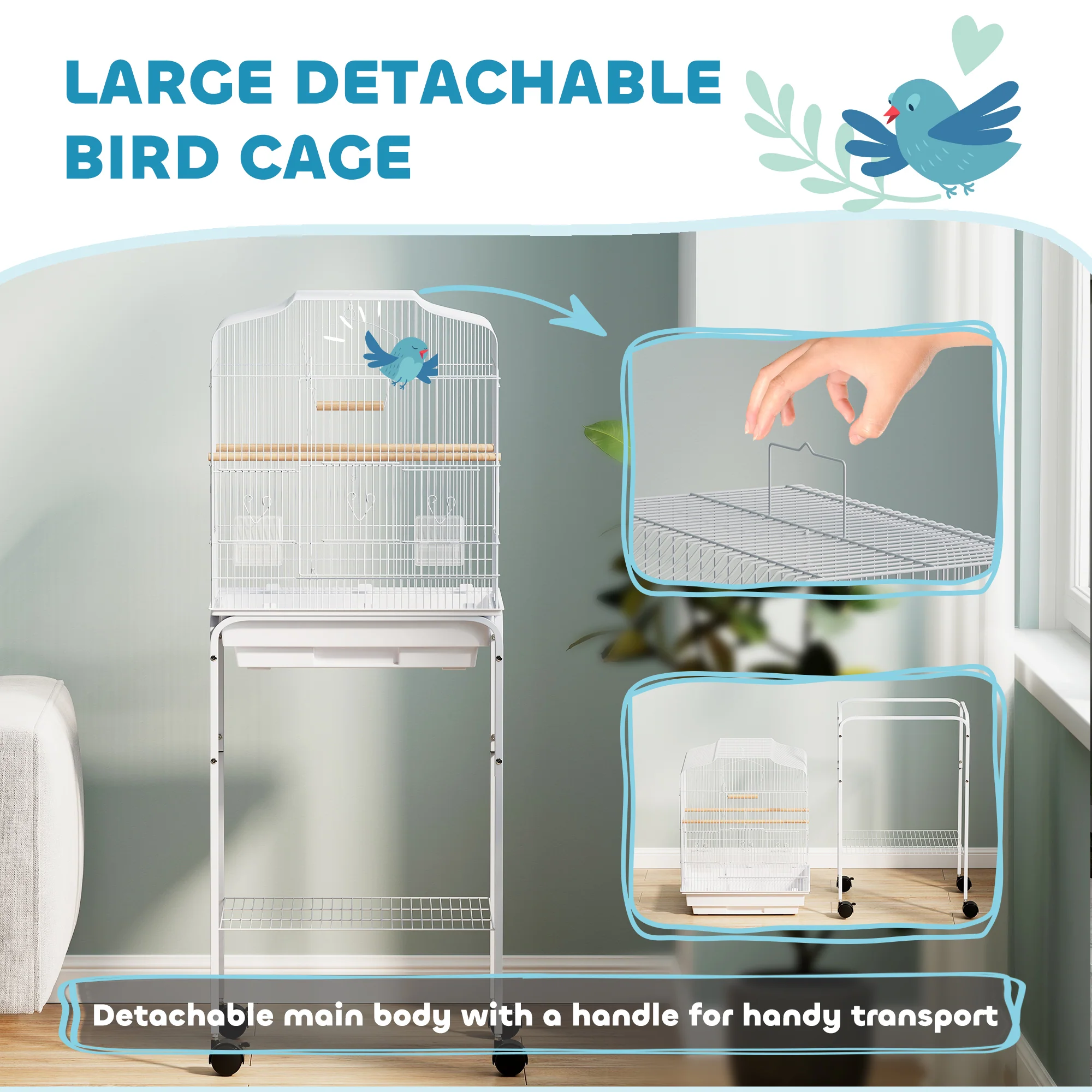PawHut Bird Cage For Budgie Finch Canary Parakeet W/ Stand Tray White - Image 3