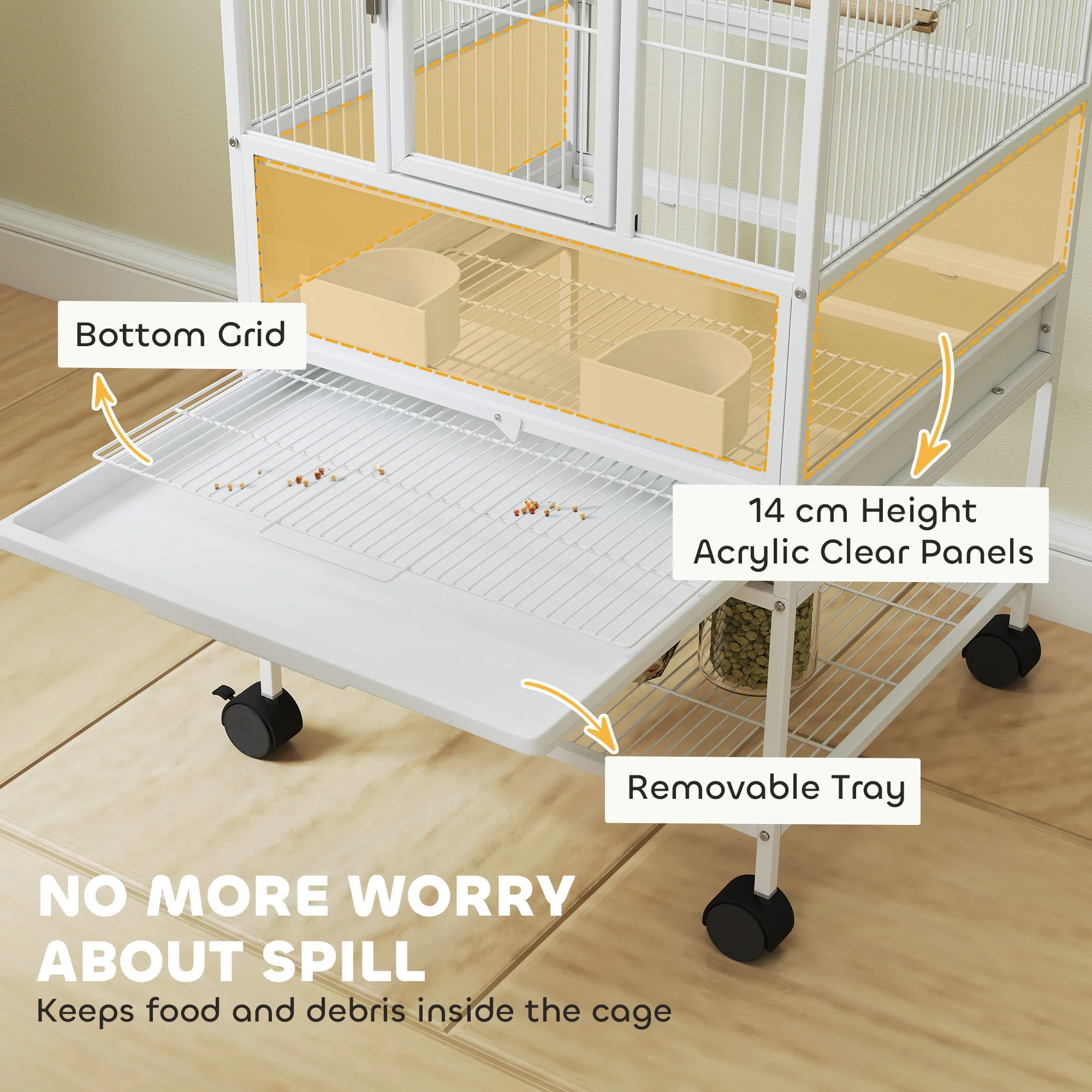 PawHut Bird Cage Parrot Cage With Rolling Stand Acrylic Viewing Panels White - Image 3