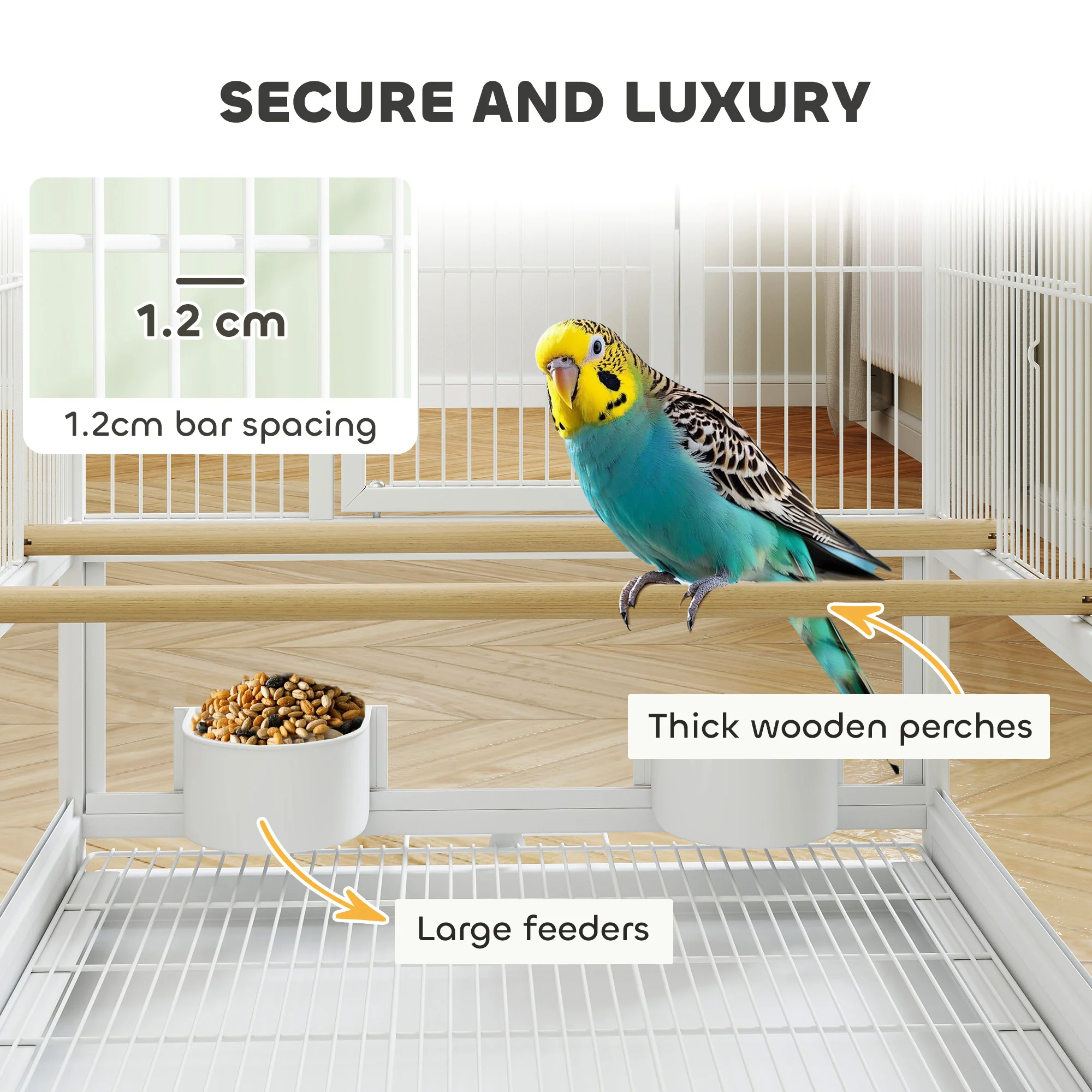 PawHut Bird Cage Parrot Cage With Rolling Stand Acrylic Viewing Panels White - Image 4