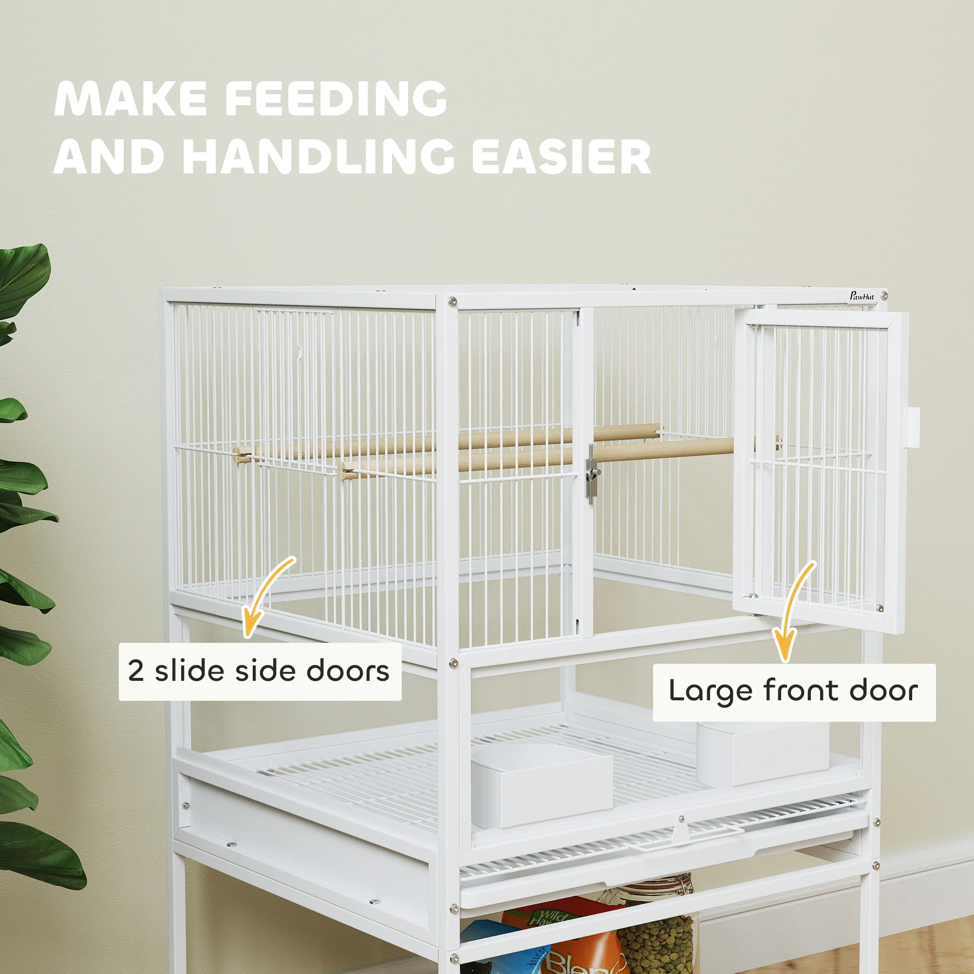 PawHut Bird Cage Parrot Cage With Rolling Stand Acrylic Viewing Panels White - Image 6