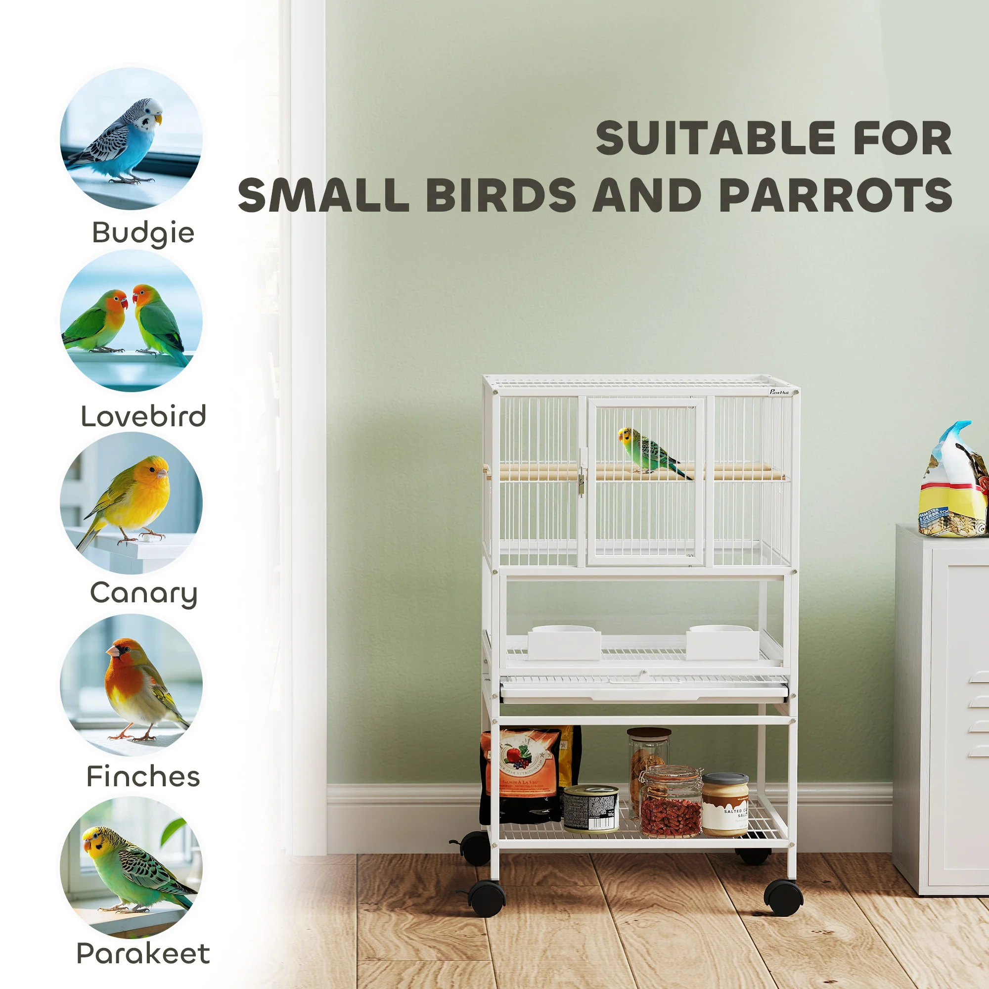 PawHut Bird Cage Parrot Cage With Rolling Stand Acrylic Viewing Panels White - Image 8
