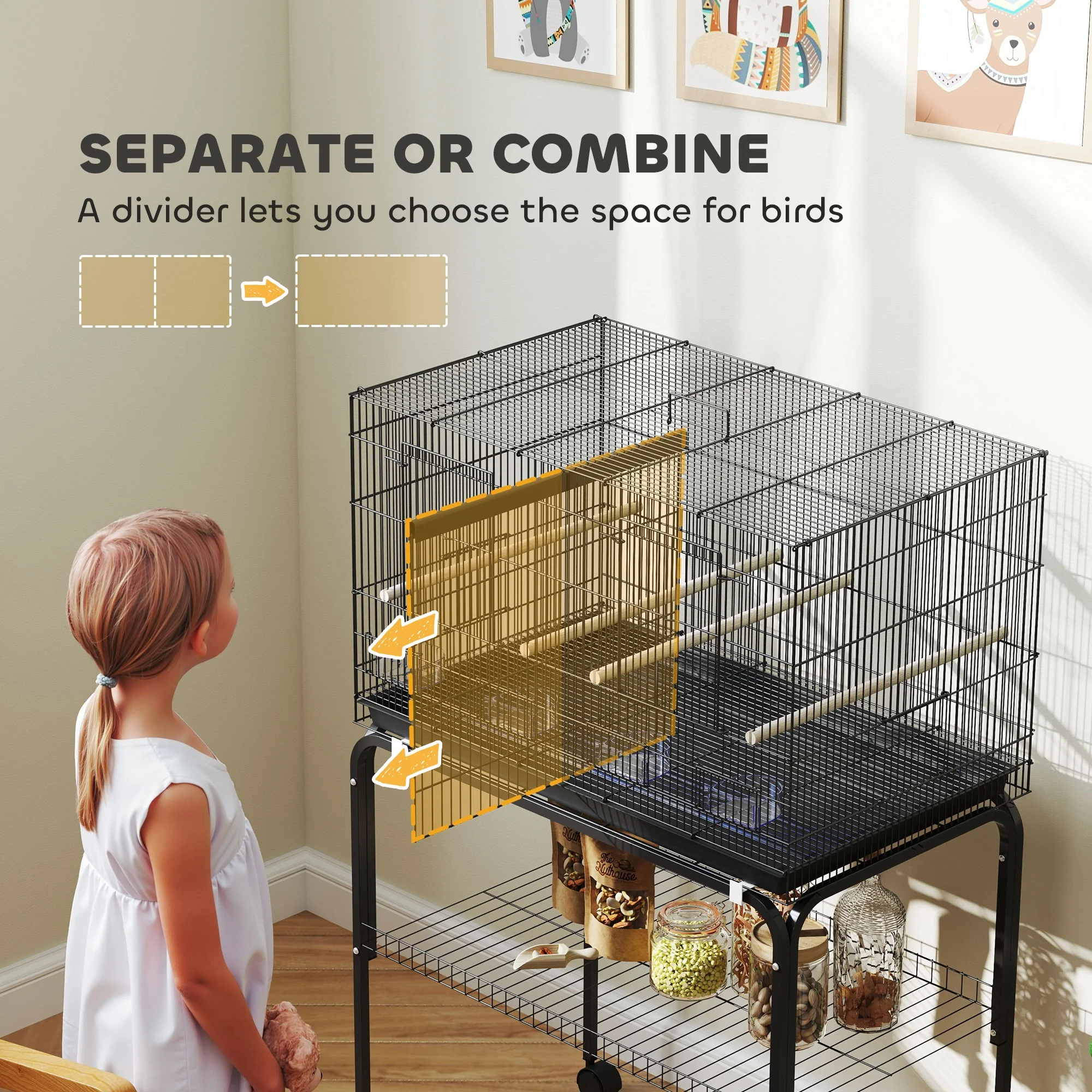PawHut Bird Cage With Divider, 4 Wooden Perches Slide Out Tray - Image 3