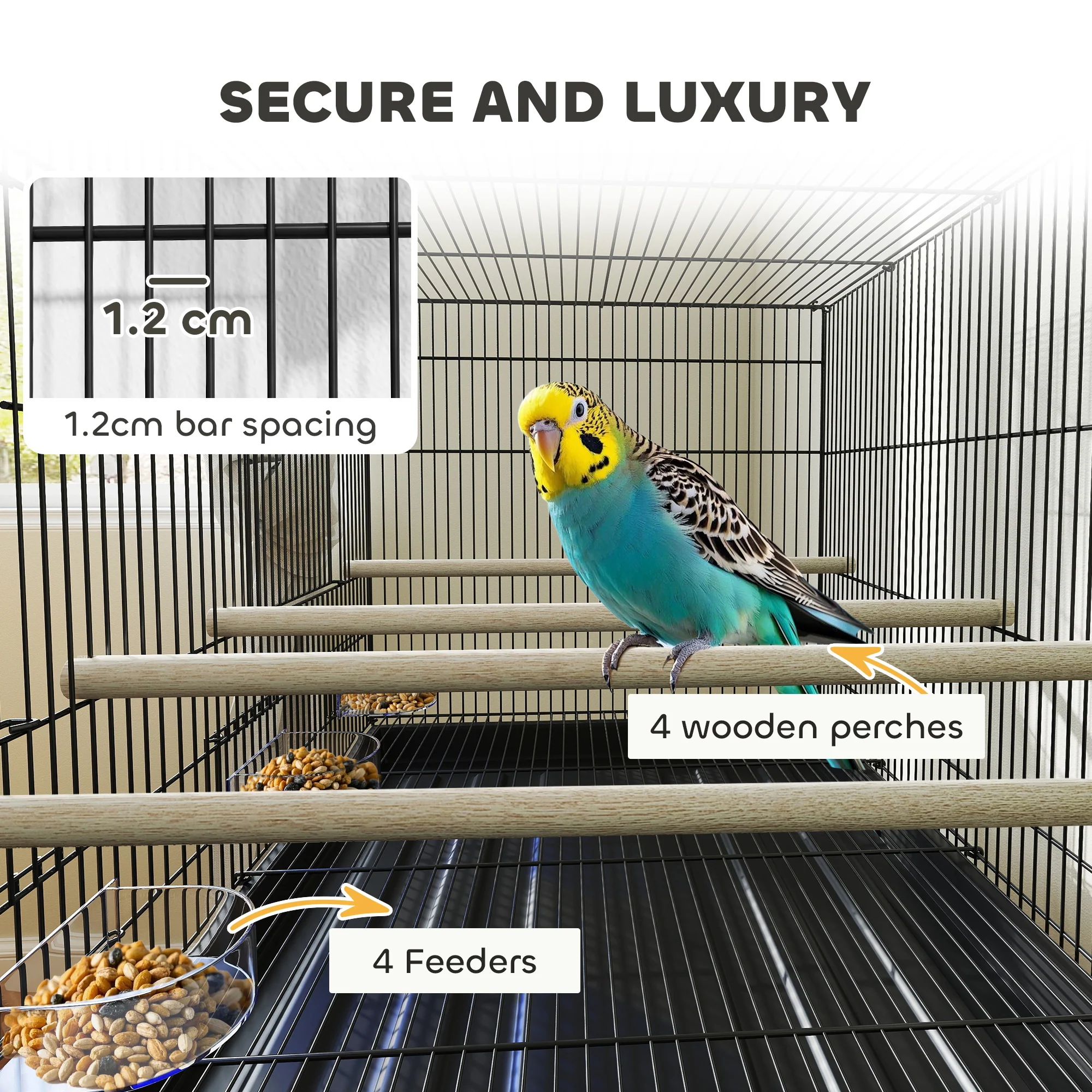 PawHut Bird Cage With Divider, 4 Wooden Perches Slide Out Tray - Image 4