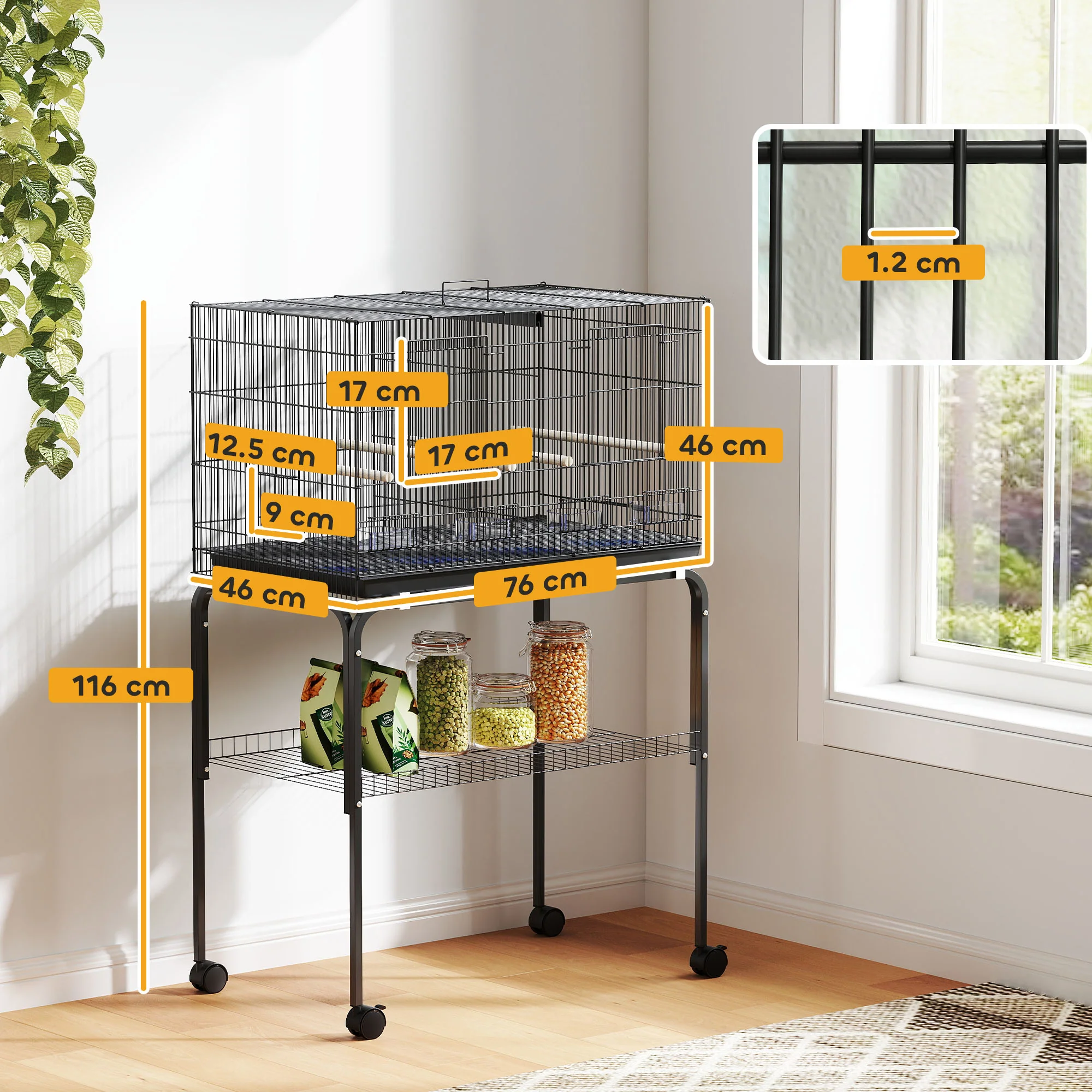 PawHut Bird Cage With Divider, 4 Wooden Perches Slide Out Tray - Image 5