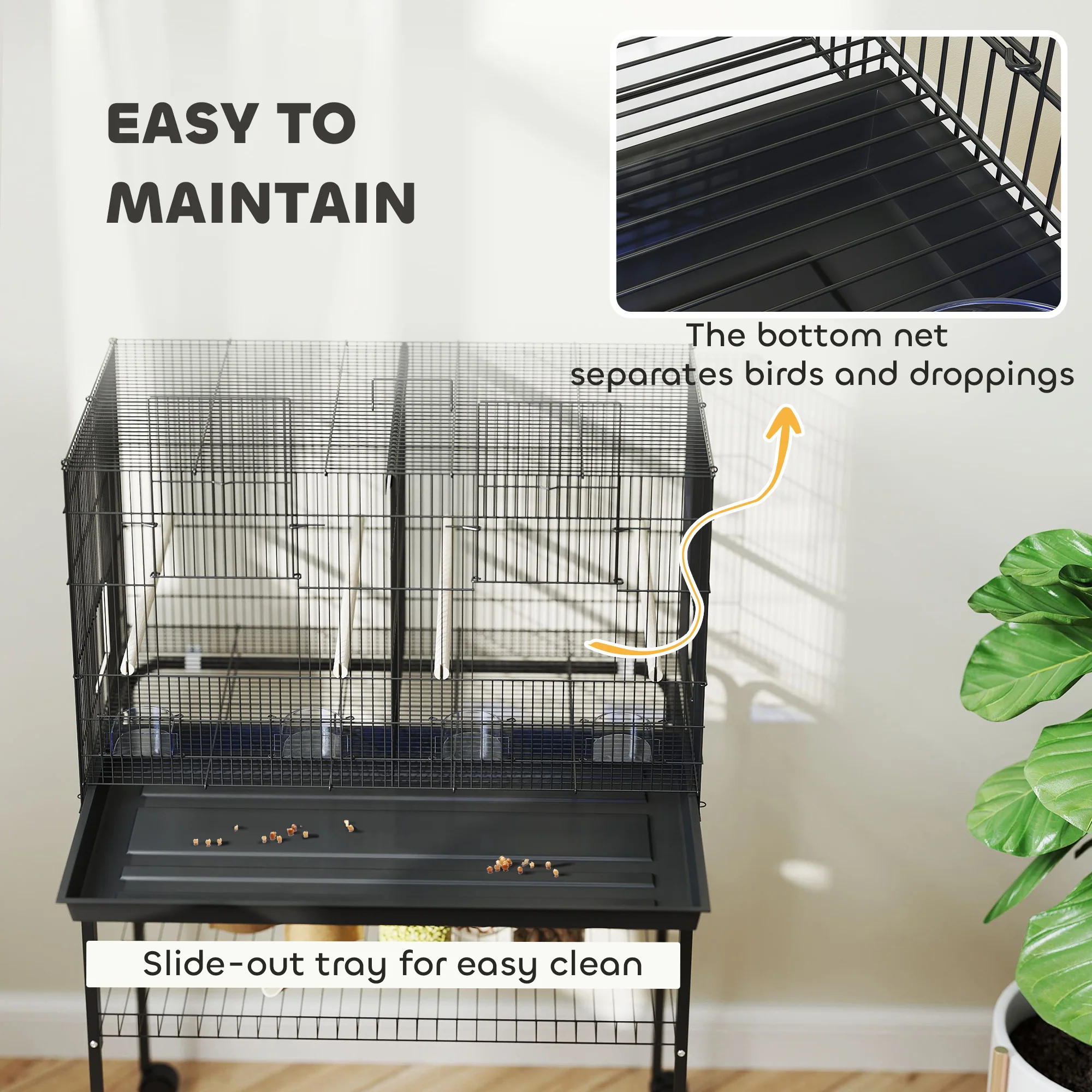 PawHut Bird Cage With Divider, 4 Wooden Perches Slide Out Tray - Image 7