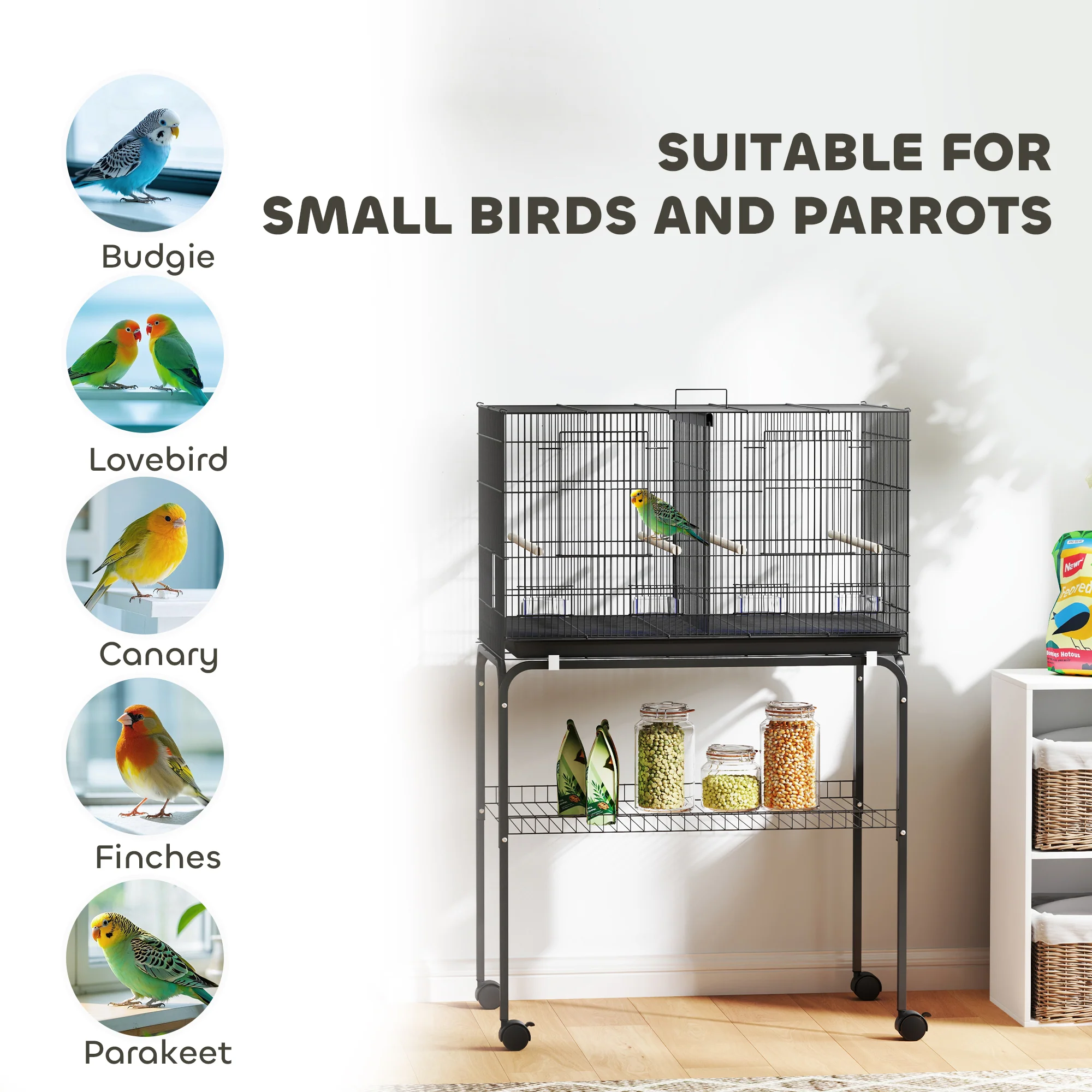 PawHut Bird Cage With Divider, 4 Wooden Perches Slide Out Tray - Image 9