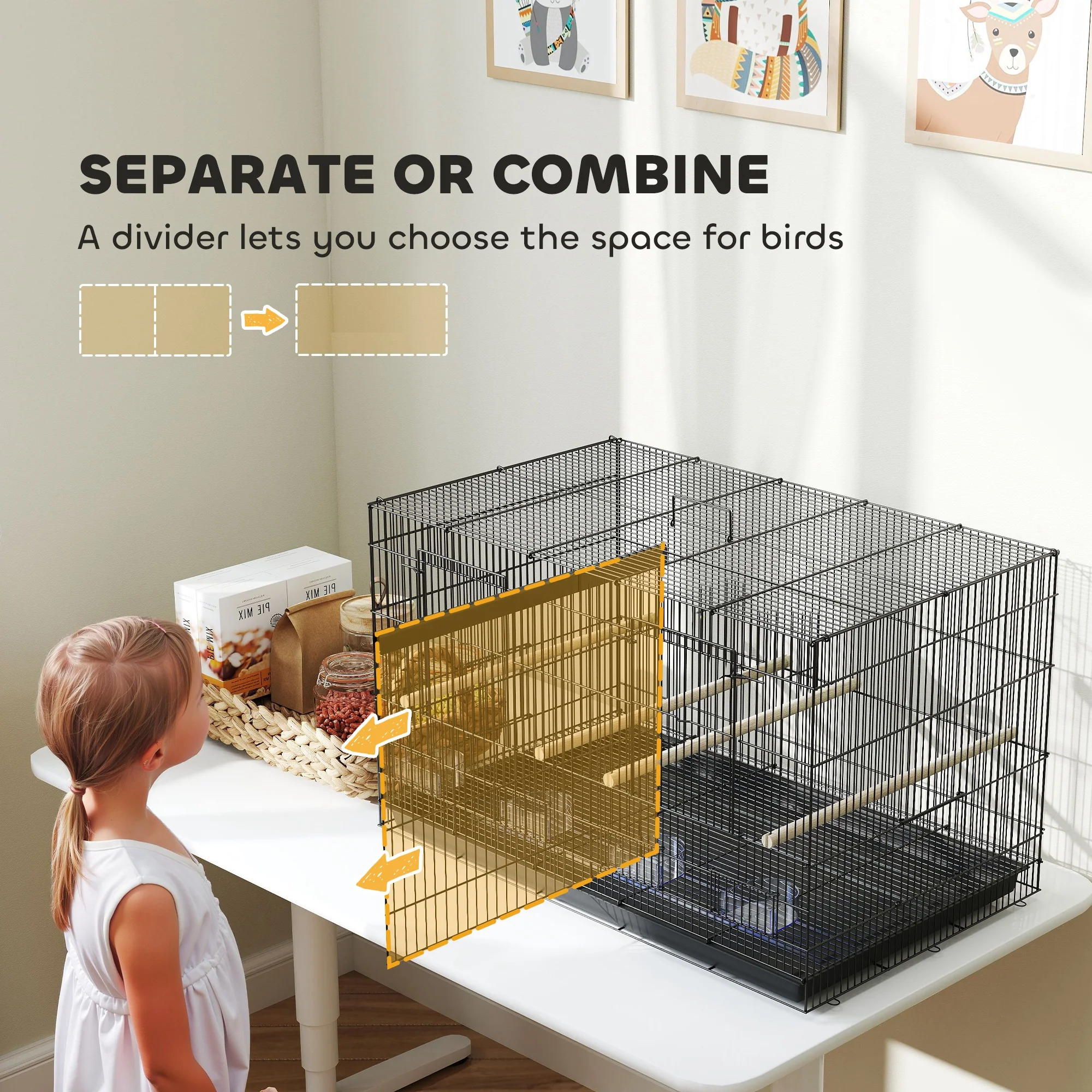 PawHut Bird Cage with Divider, 4 Wooden Perches, Slide Out Tray, Black - Image 3