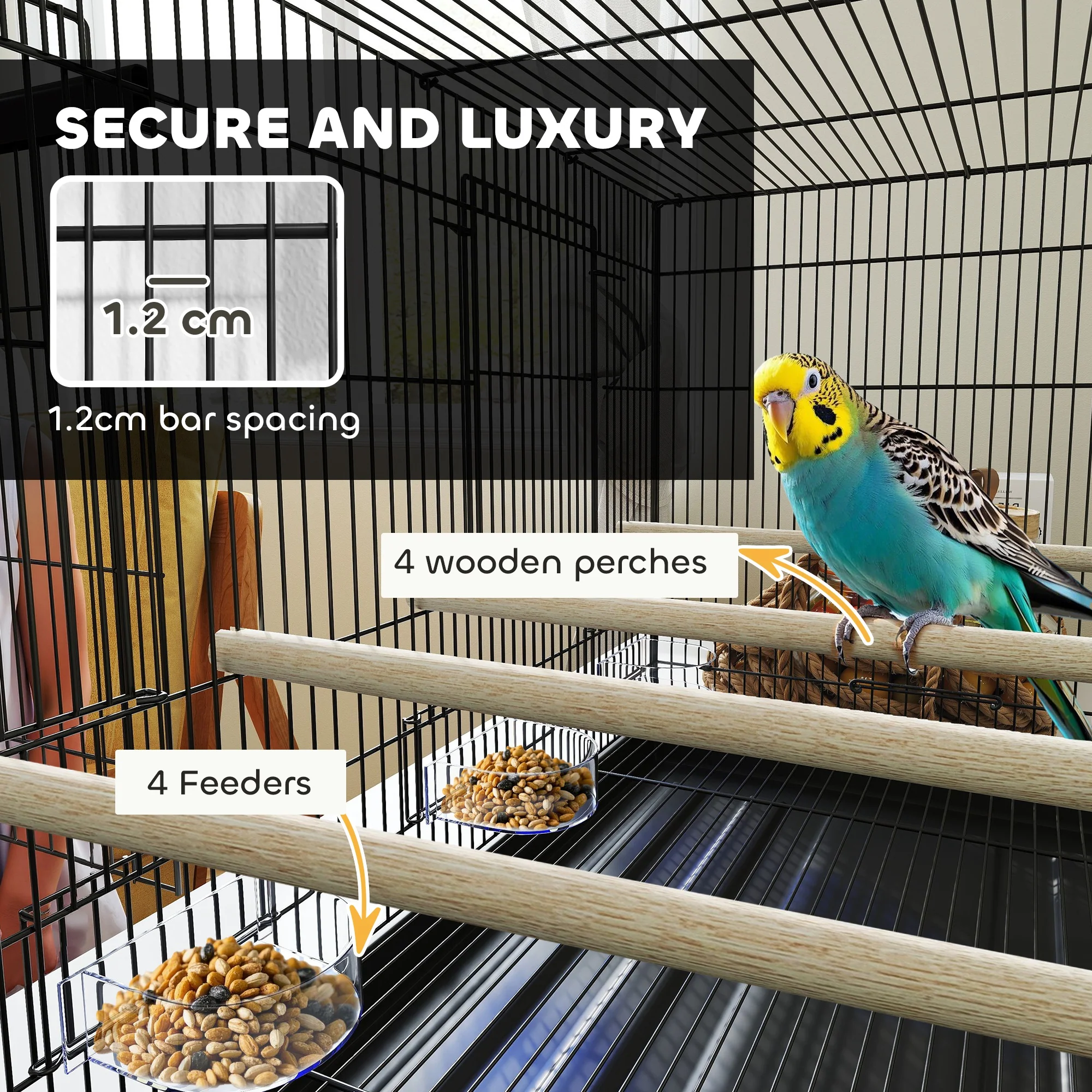 PawHut Bird Cage with Divider, 4 Wooden Perches, Slide Out Tray, Black - Image 4