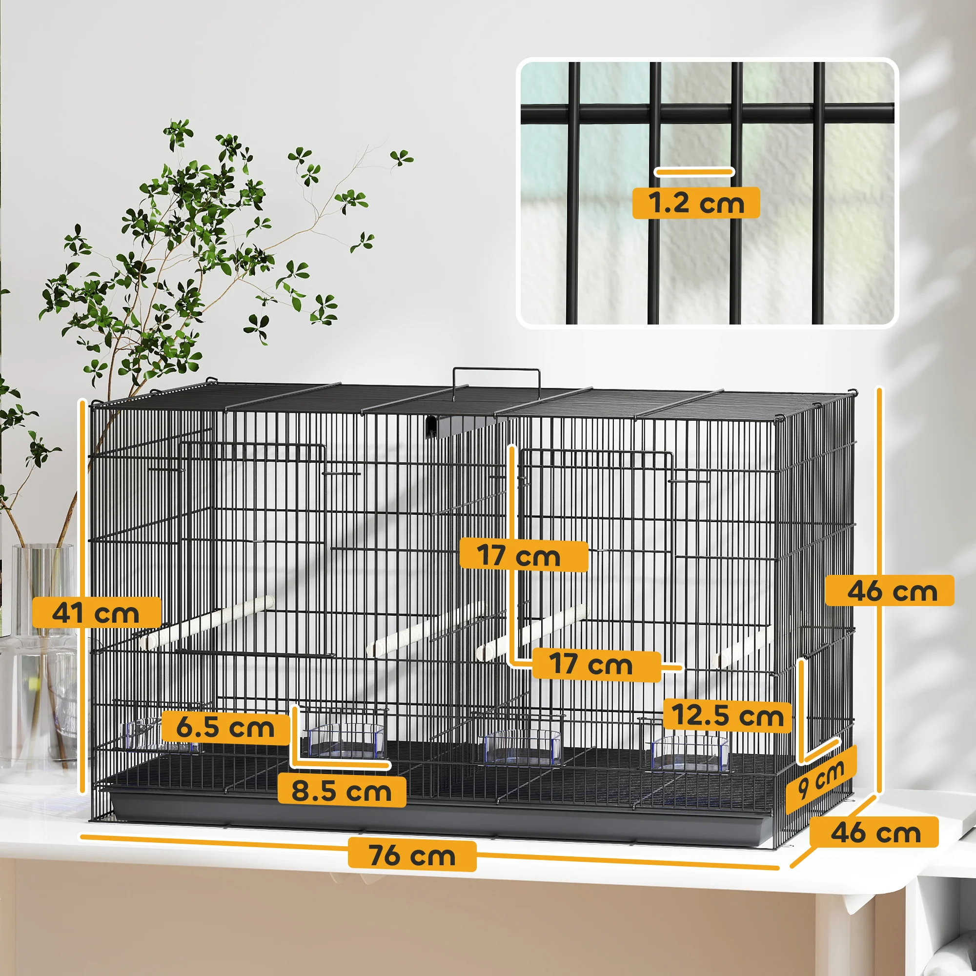 PawHut Bird Cage with Divider, 4 Wooden Perches, Slide Out Tray, Black - Image 5