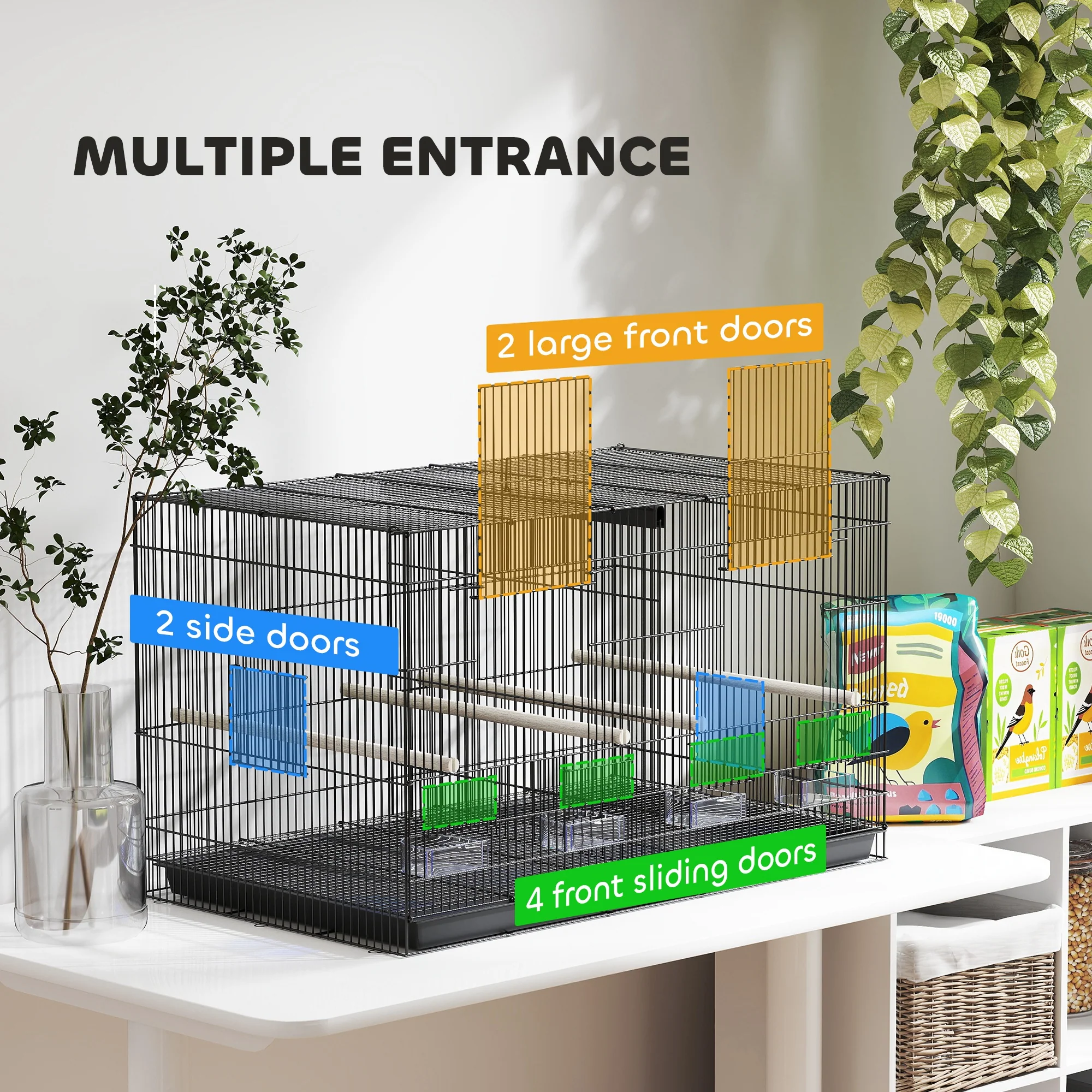PawHut Bird Cage with Divider, 4 Wooden Perches, Slide Out Tray, Black - Image 6