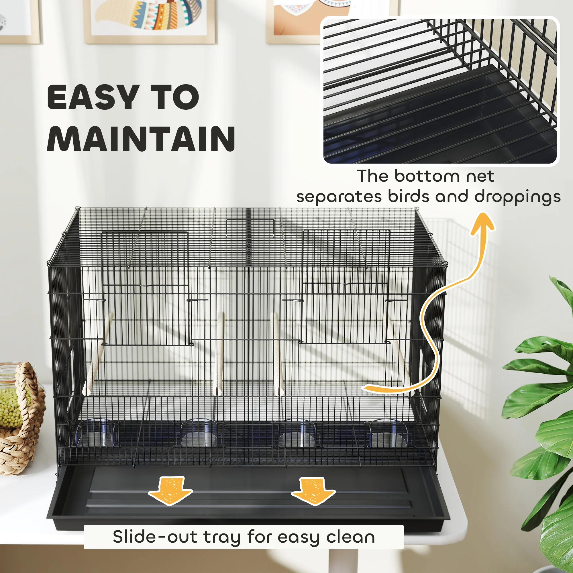 PawHut Bird Cage with Divider, 4 Wooden Perches, Slide Out Tray, Black - Image 7